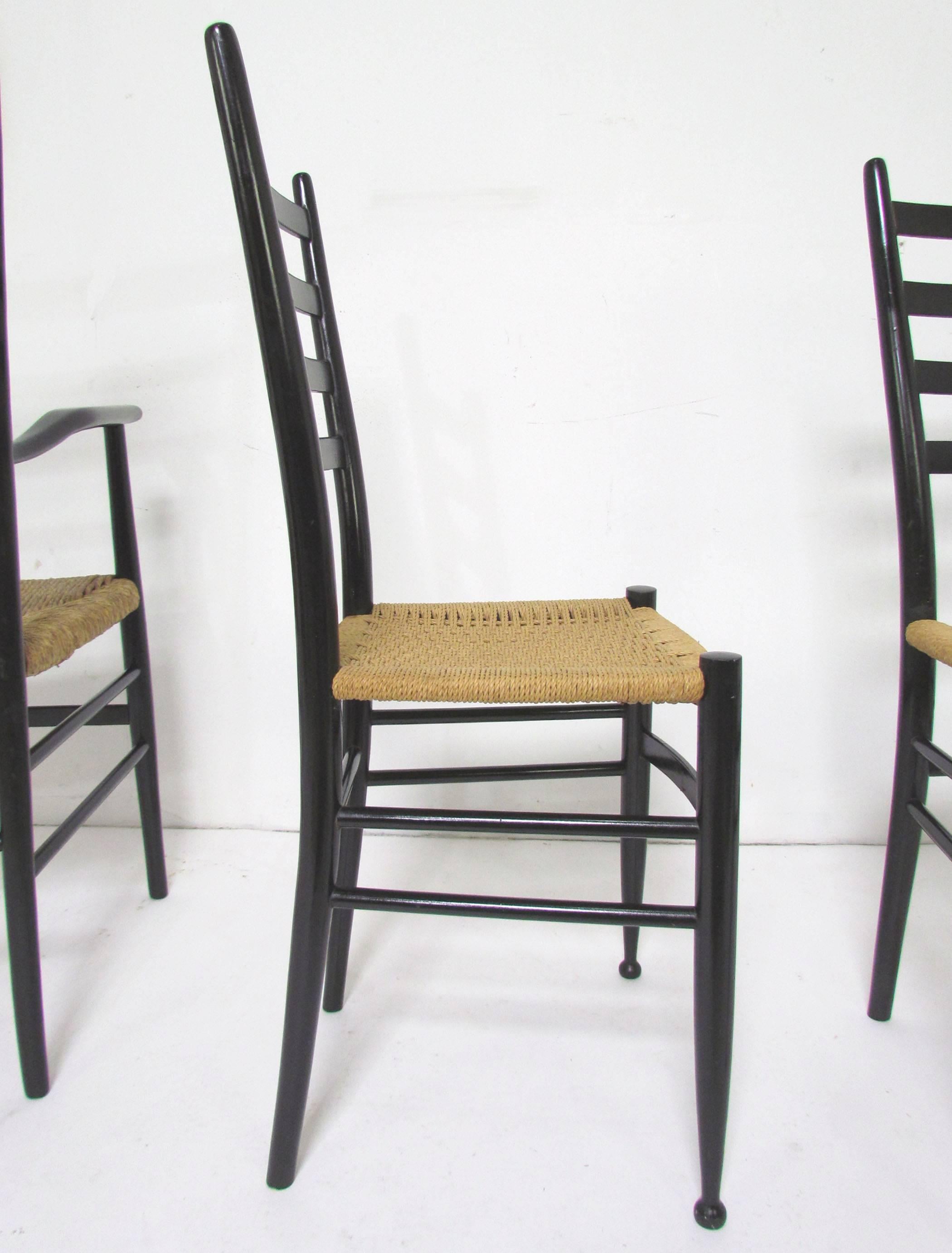 Wood Set of Six Italian Ladder Back Dining Chairs in the Style of Gio Ponti