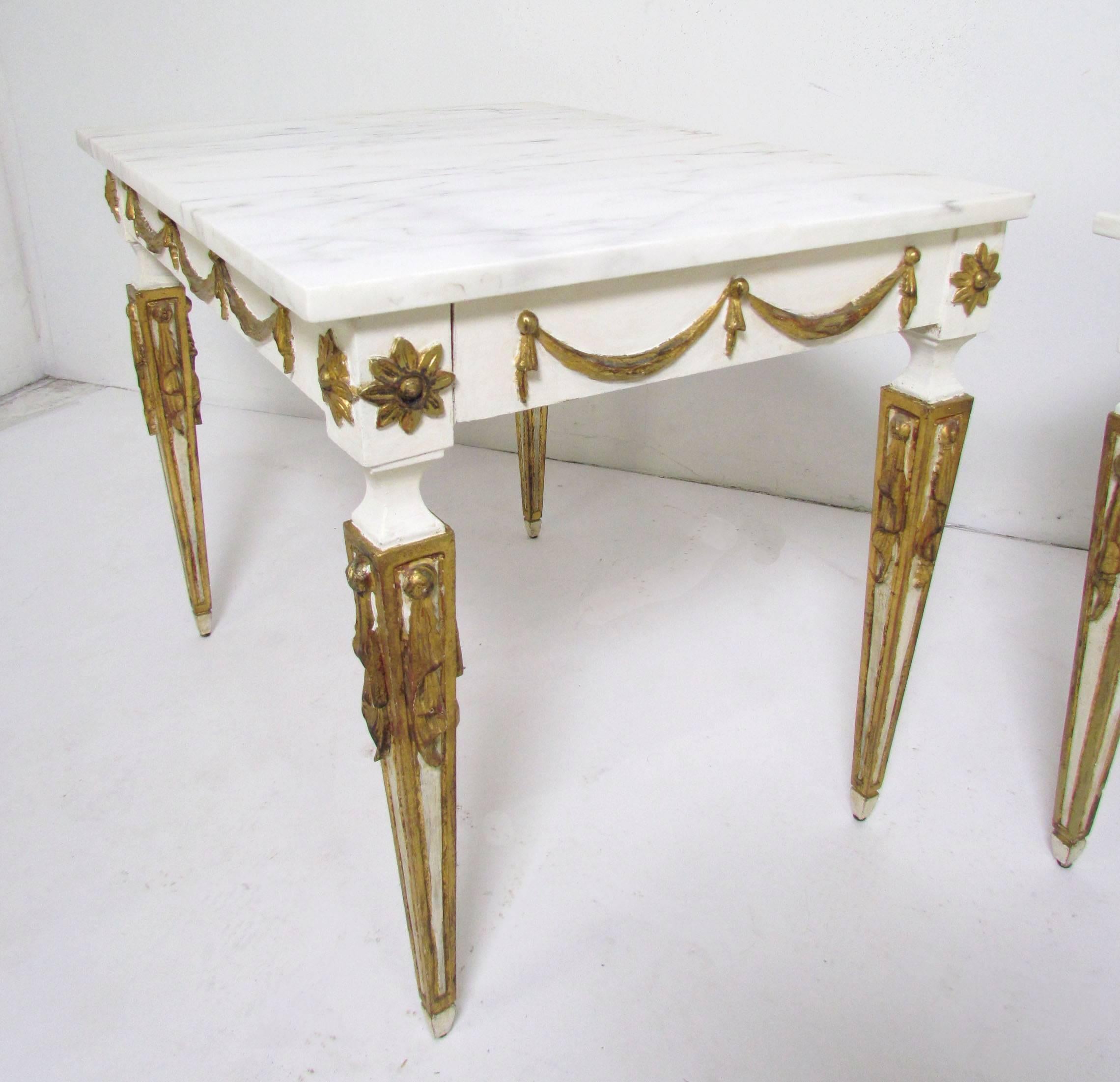 Hollywood Regency Pair of Italian Neoclassical Marble and Parcel Gilt End Tables, circa 1960s