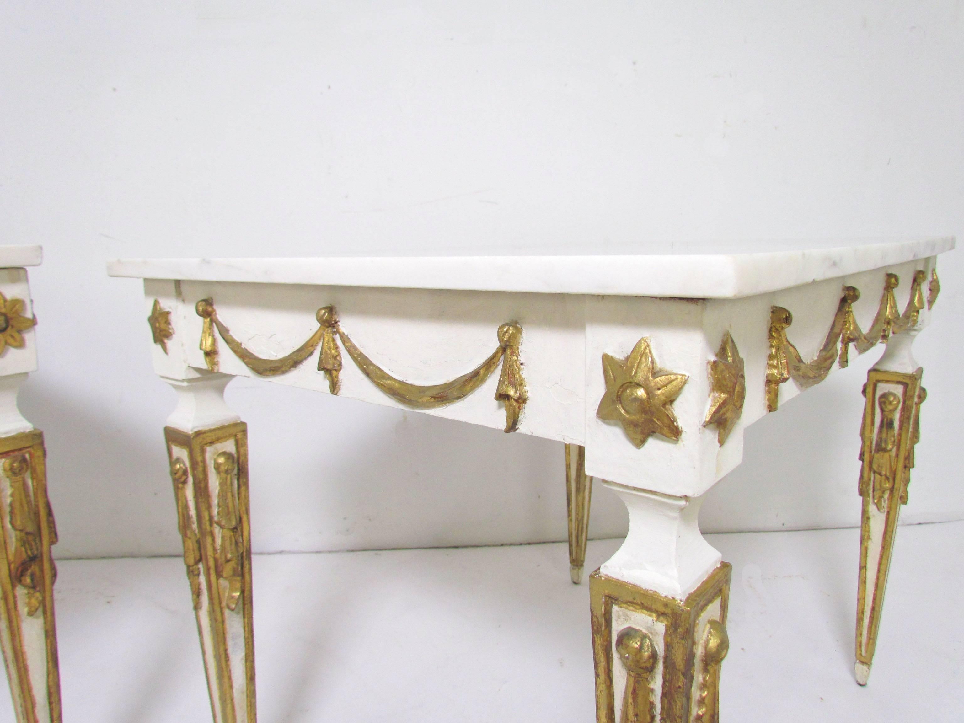 Mid-20th Century Pair of Italian Neoclassical Marble and Parcel Gilt End Tables, circa 1960s