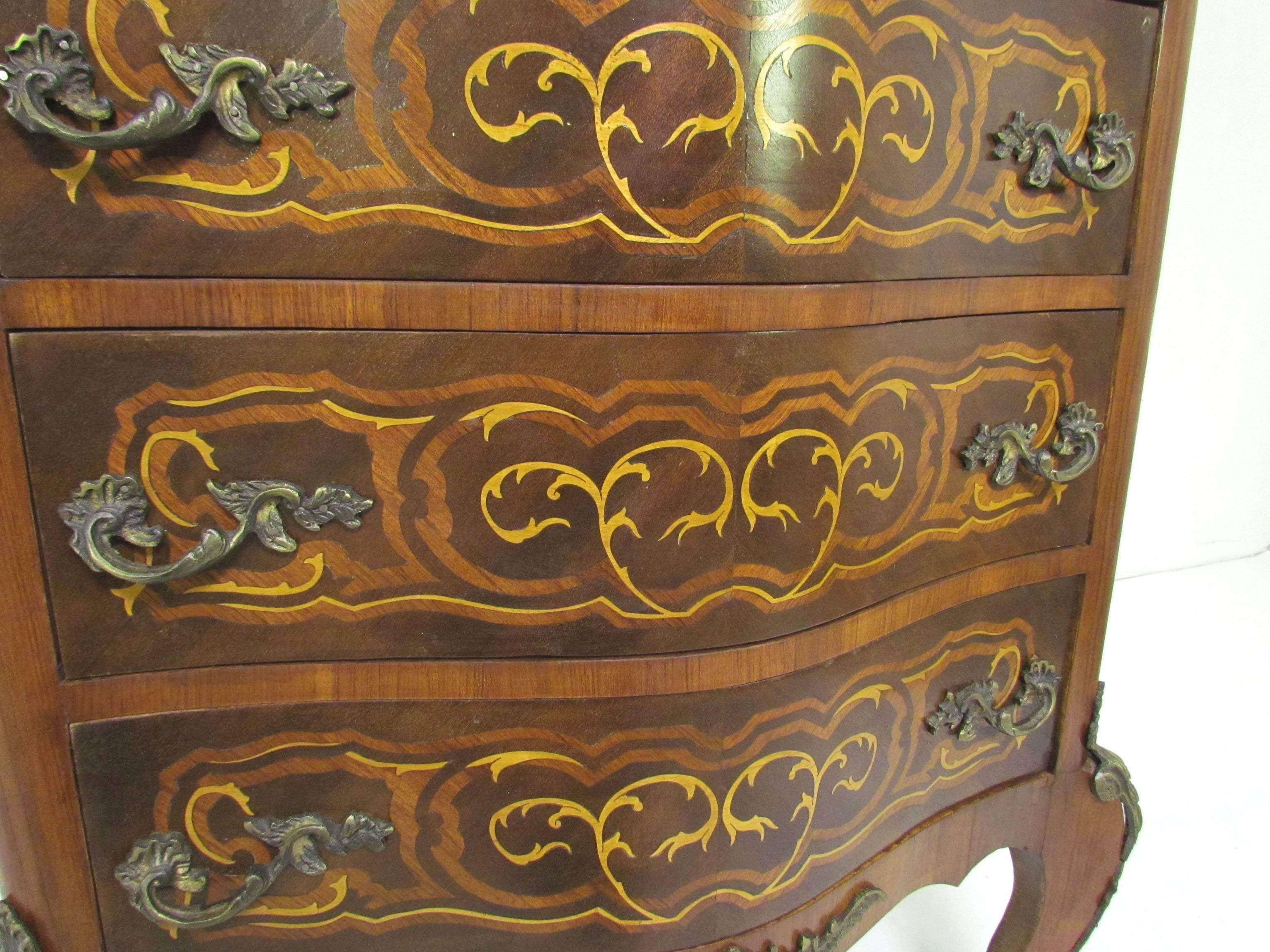 Brass French Louis XV Style Semainier Dresser with Marquetry Inlay