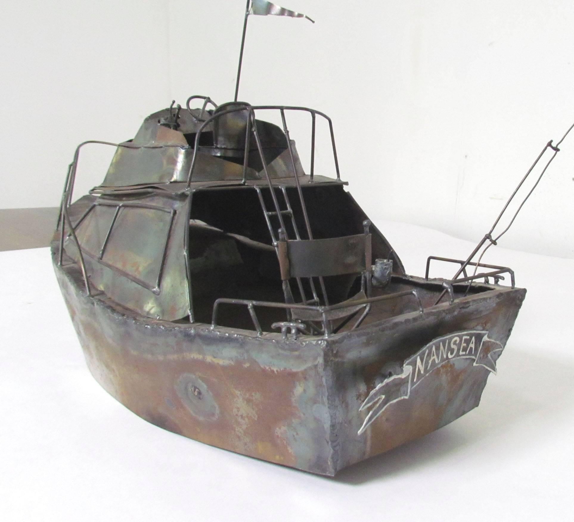 Folk Art Metal Work Sculpture of Cabin Cruiser Boat 