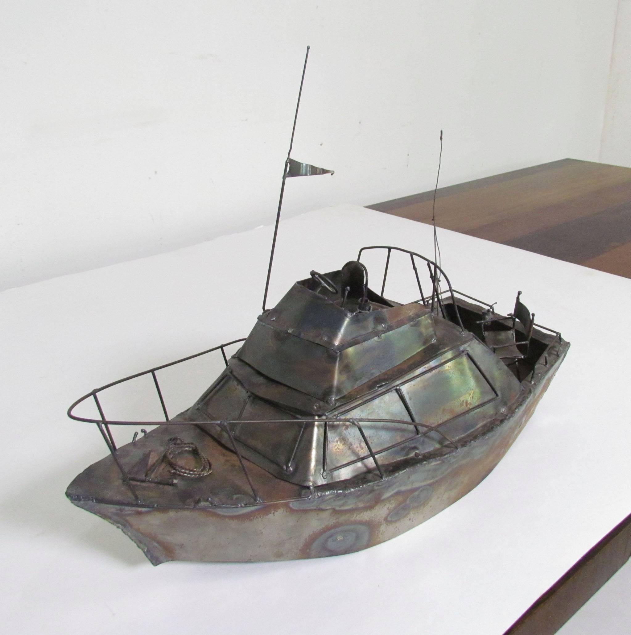 Metal Work Sculpture of Cabin Cruiser Boat 