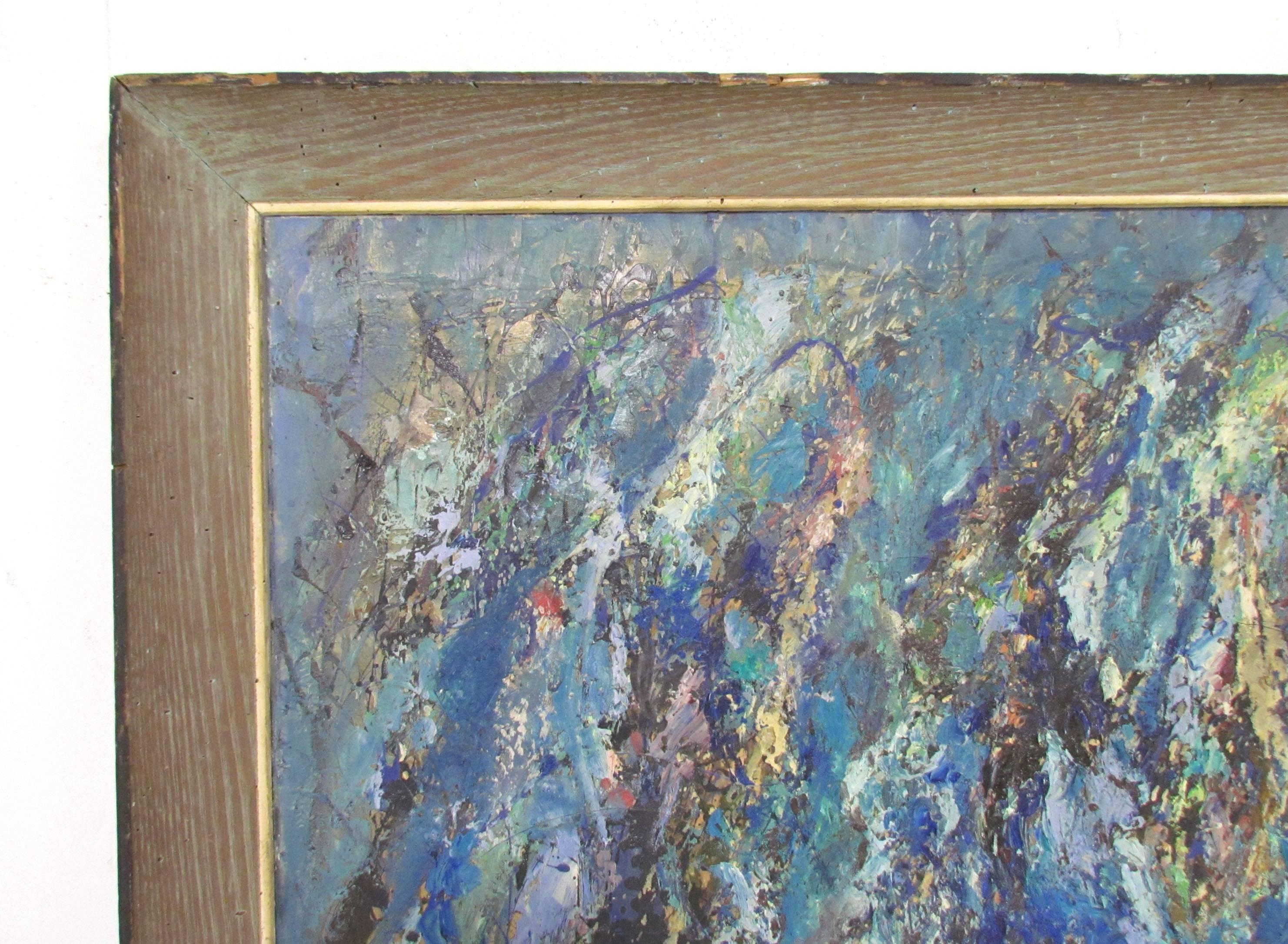 Abstract expressionist oil on canvas by Virginia Mortenson Francis dated 1961, titled on reverse 