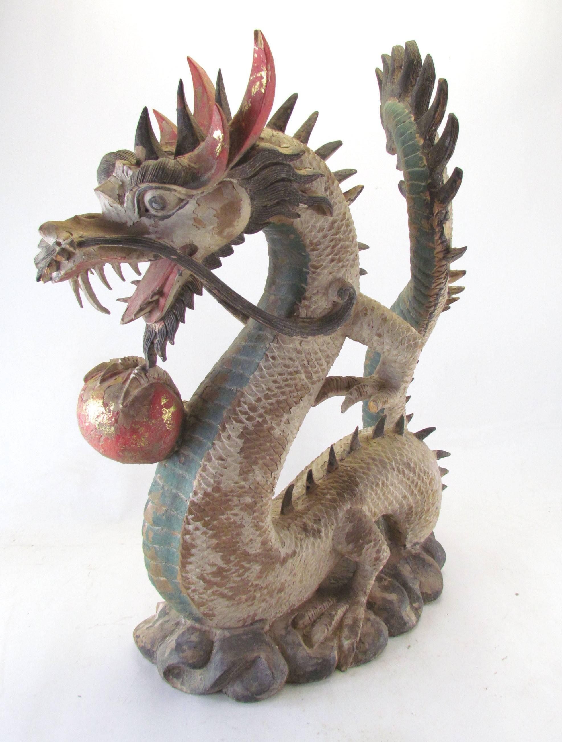 Wood Antique 19th Century Polychrome Carved Chinese Dragon with Pearl