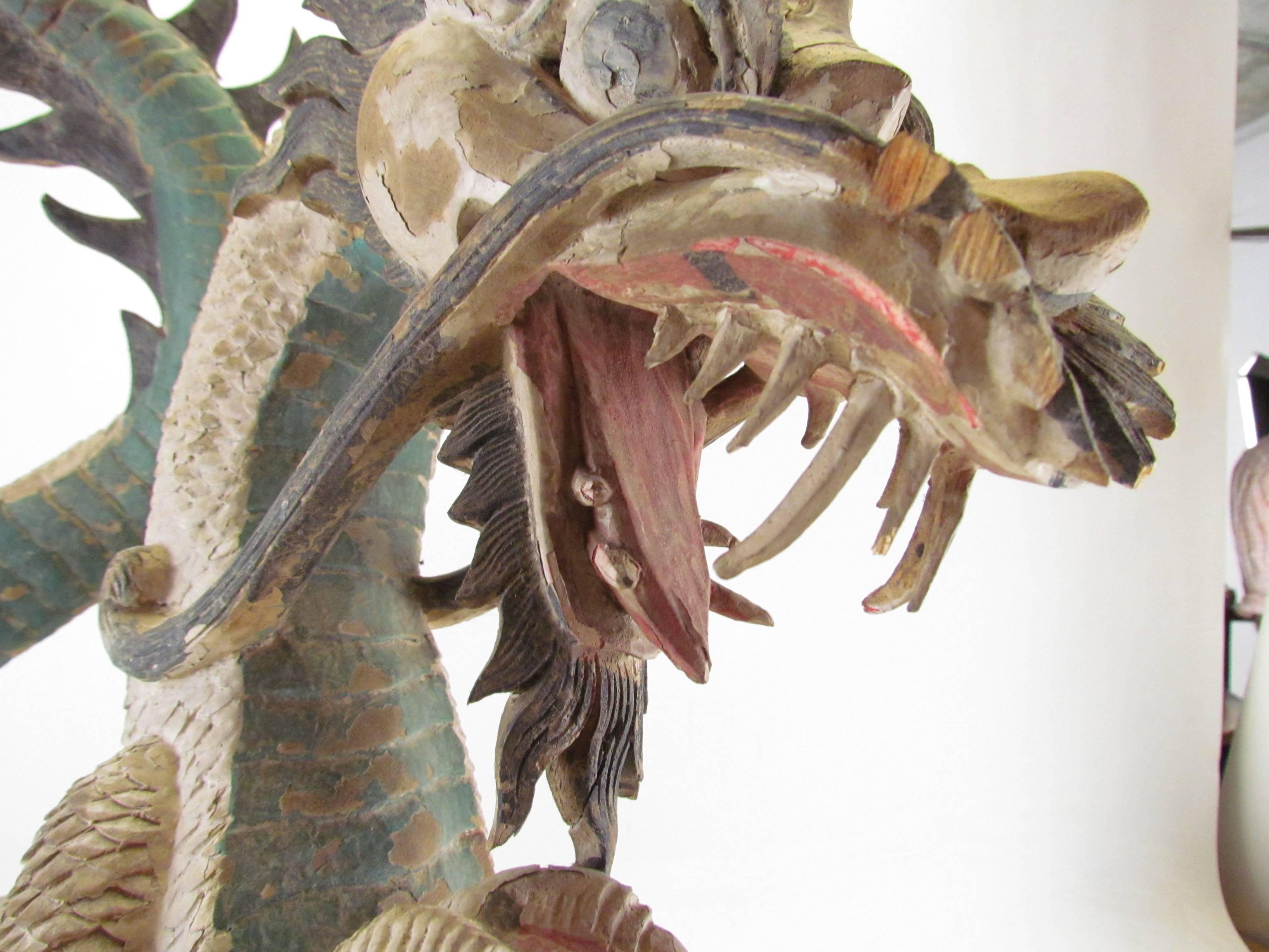 Antique 19th Century Polychrome Carved Chinese Dragon with Pearl 3