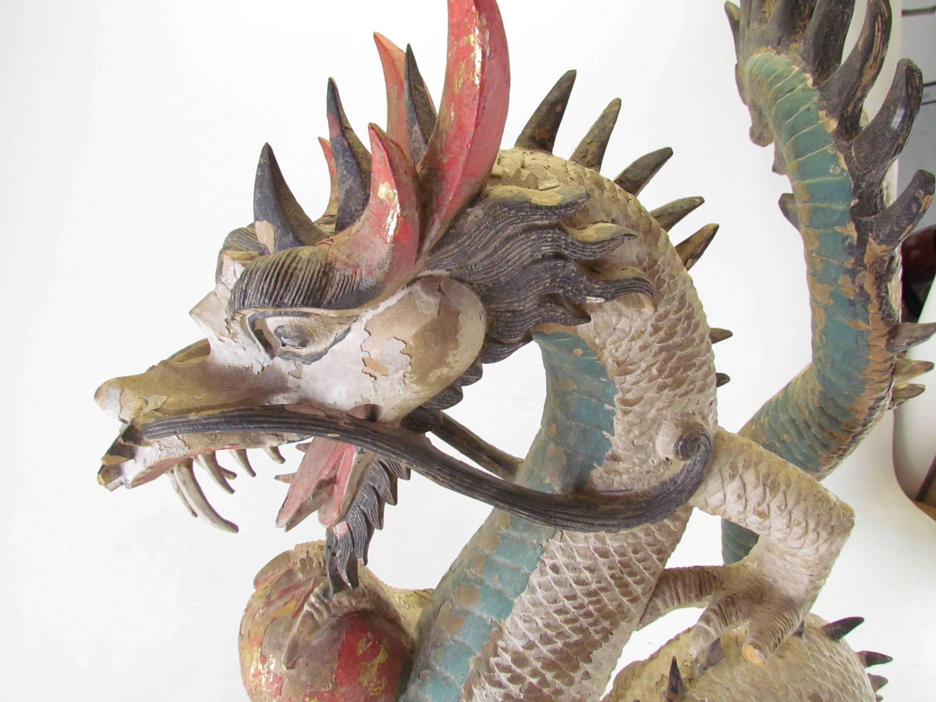 Antique 19th Century Polychrome Carved Chinese Dragon with Pearl 4