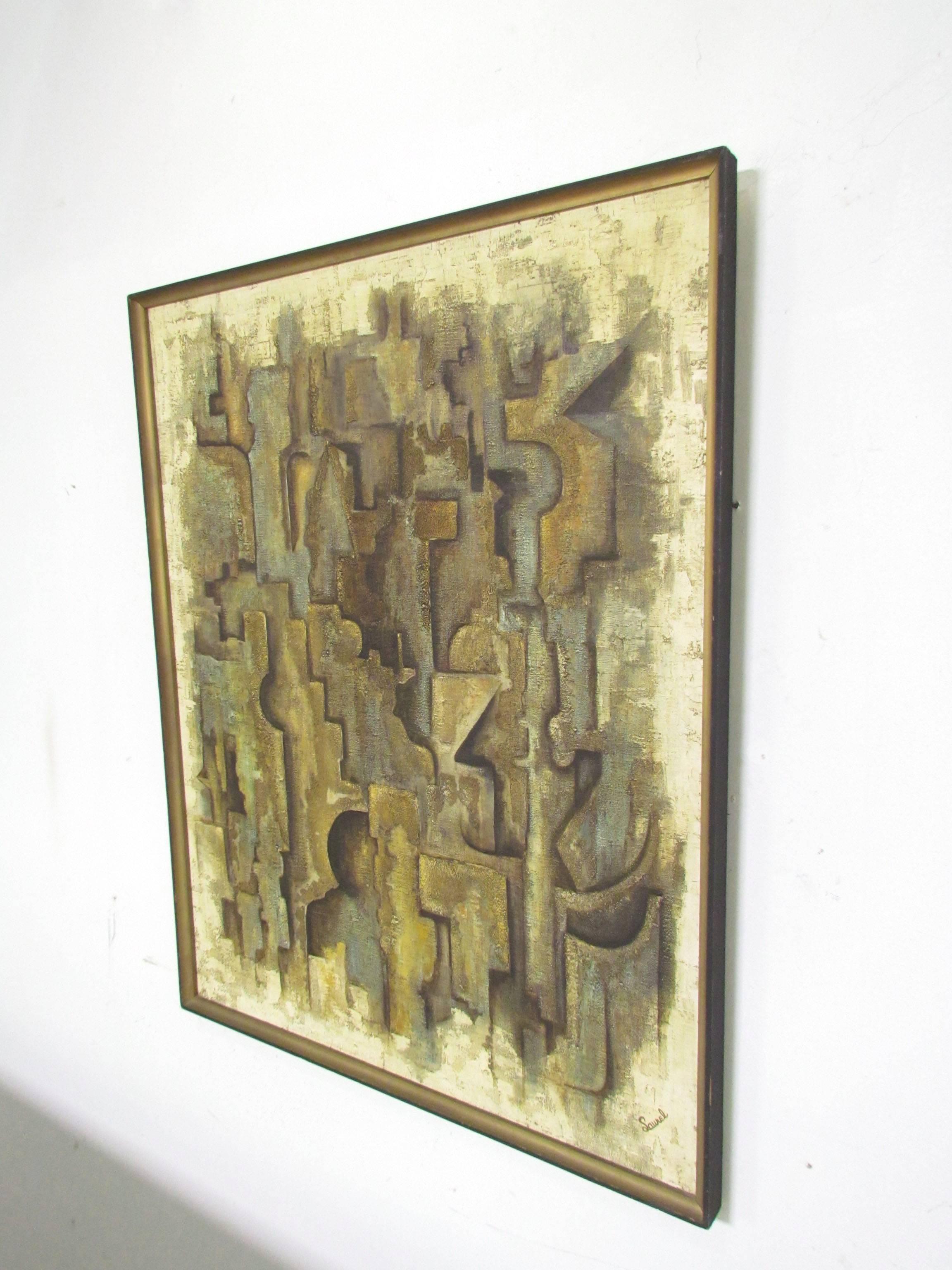 Earth toned abstract oil painting of stacked structures, signed Laurel, circa 1960s.