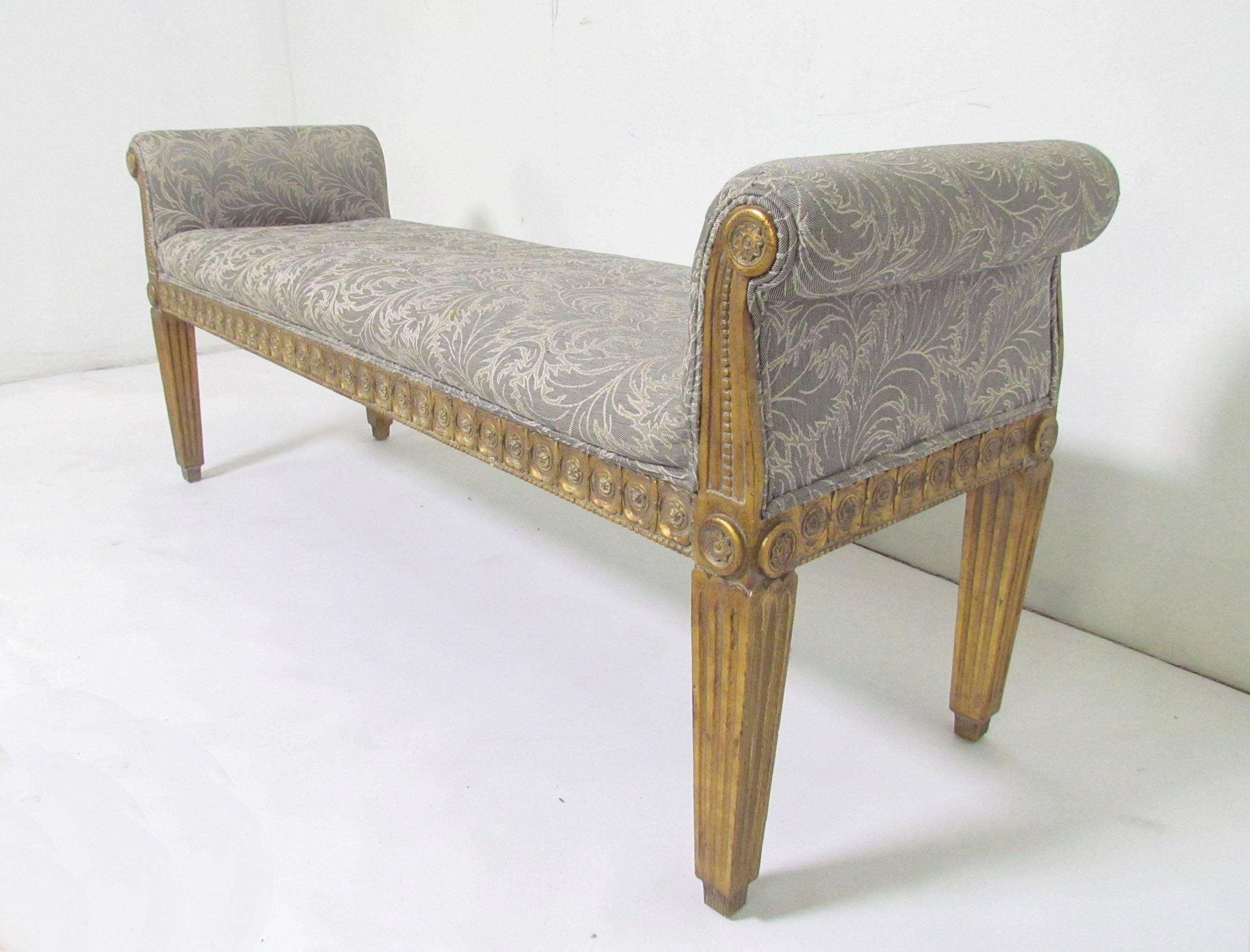 Neoclassical style bench with scroll arms, gilt carved wood frame by Meyer Gunther Martini.