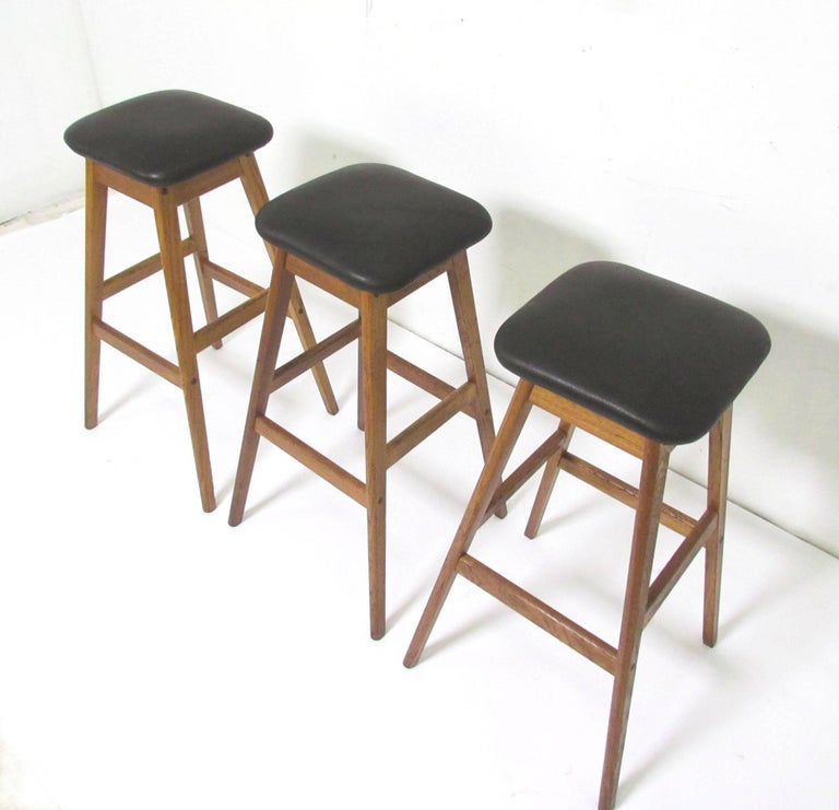Set of Three Danish Teak and Leather Bar Stools by Vamdrup Stolefabrik