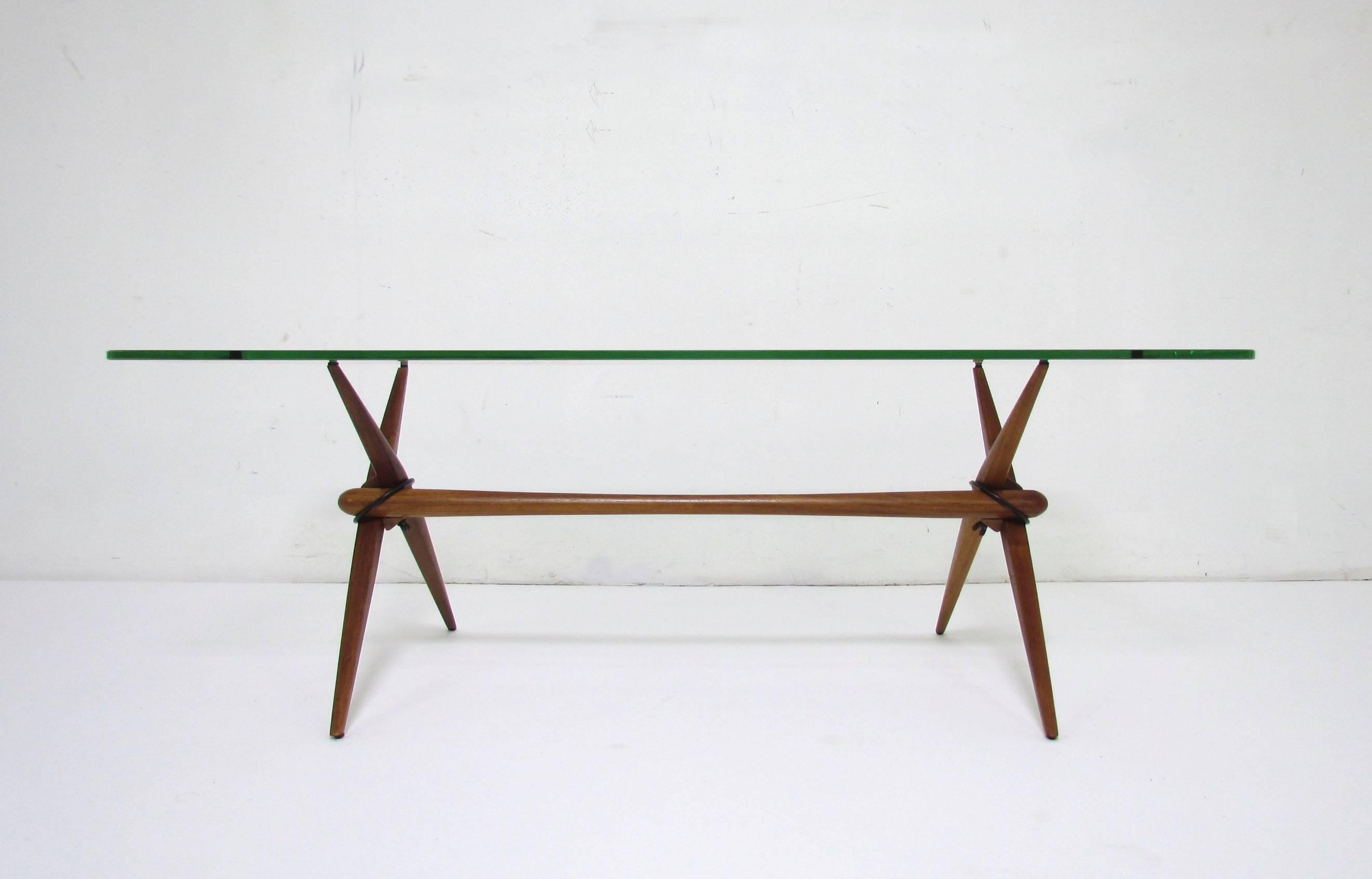 Midcentury Teak Coffee Table with X-Form Legs In Good Condition In Peabody, MA
