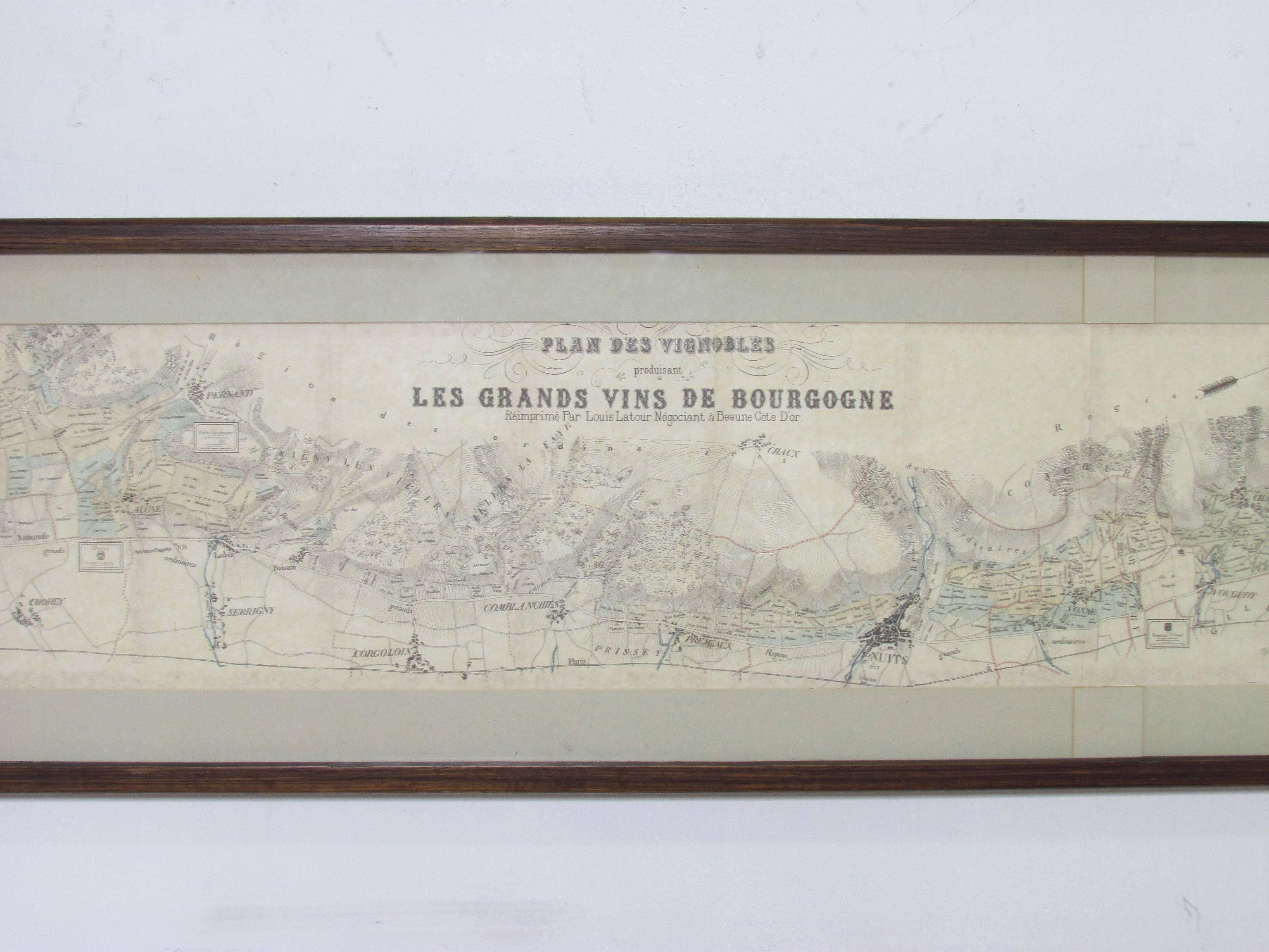 Panoramic detailed map of the vineyards of the Bourgogne (Burgundy) region of France, made for the legendary Louis Latour winemakers. This rare framed lithograph is a circa 1920s, reprint of a 19th century map designating the location and terroir of