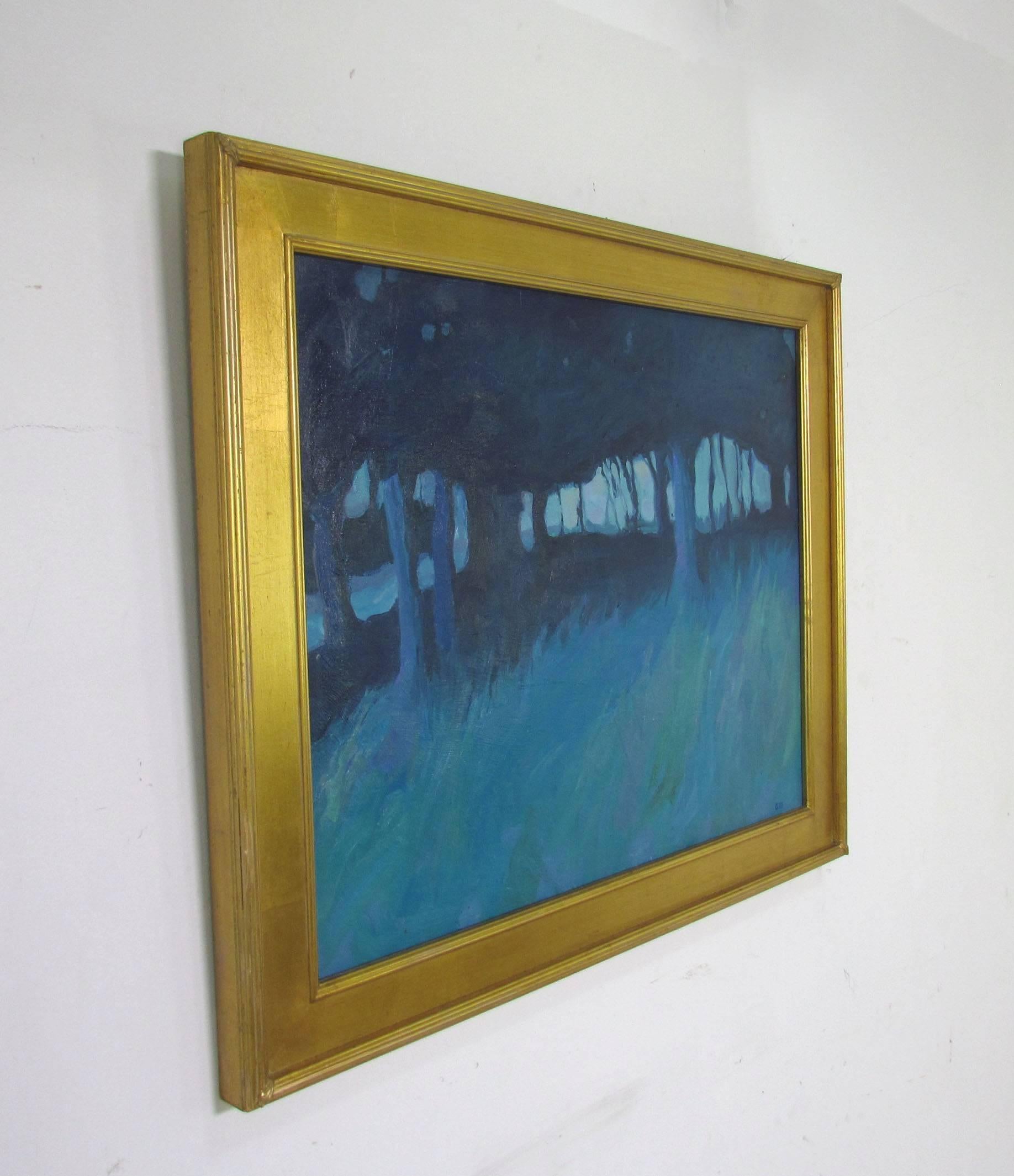 A post impressionistic and ethereal landscape oil on canvas signed Anne Gill, dated 1968, in a gold leaf impressionist frame. Almost tonalist in composition, the blue tones of this work are gem like and particularly striking against the gold border