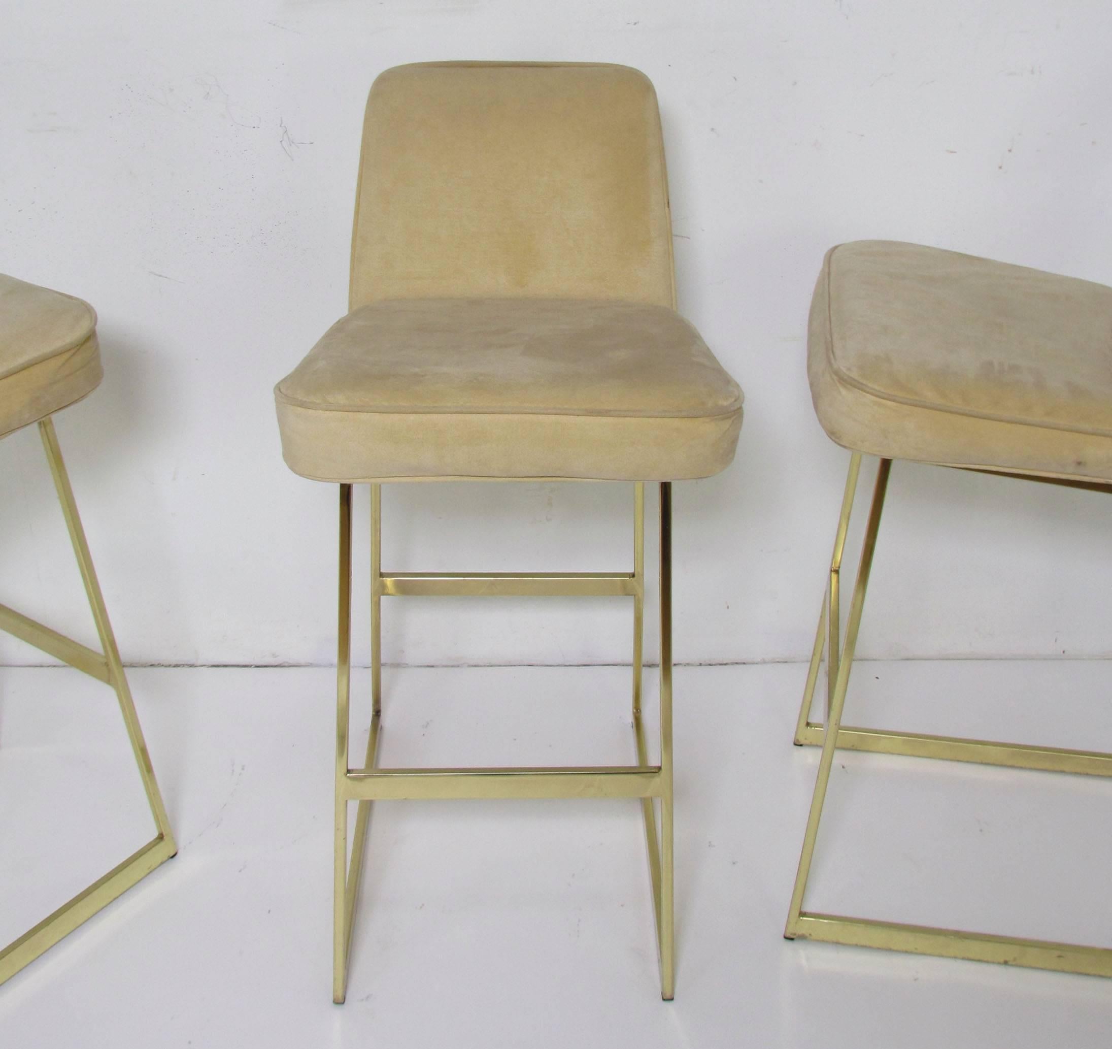Late 20th Century Set of Three Brass Bar Stools in the Manner of Milo Baughman by Tri-Mark