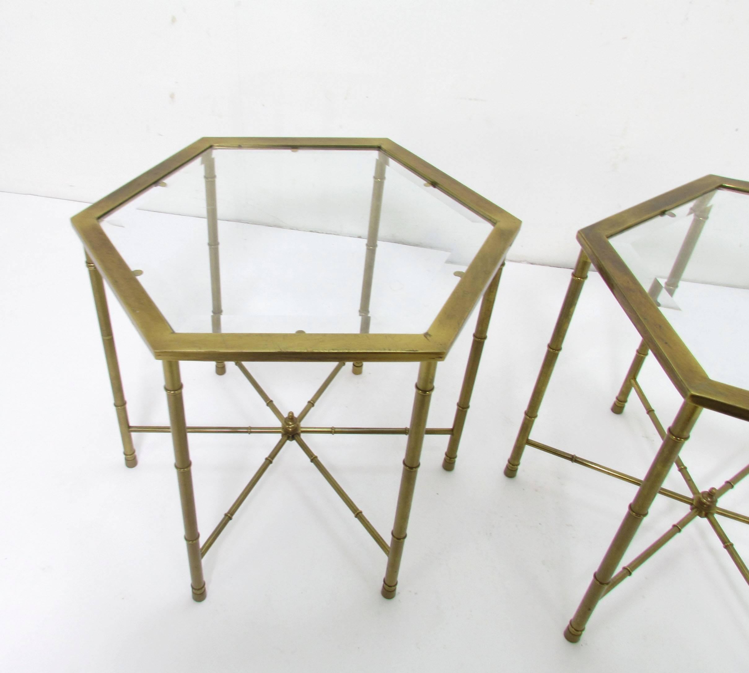 Mid-Century Modern Pair of Mastercraft Hollywood Regency Style Brass Hexagonal Side Tables