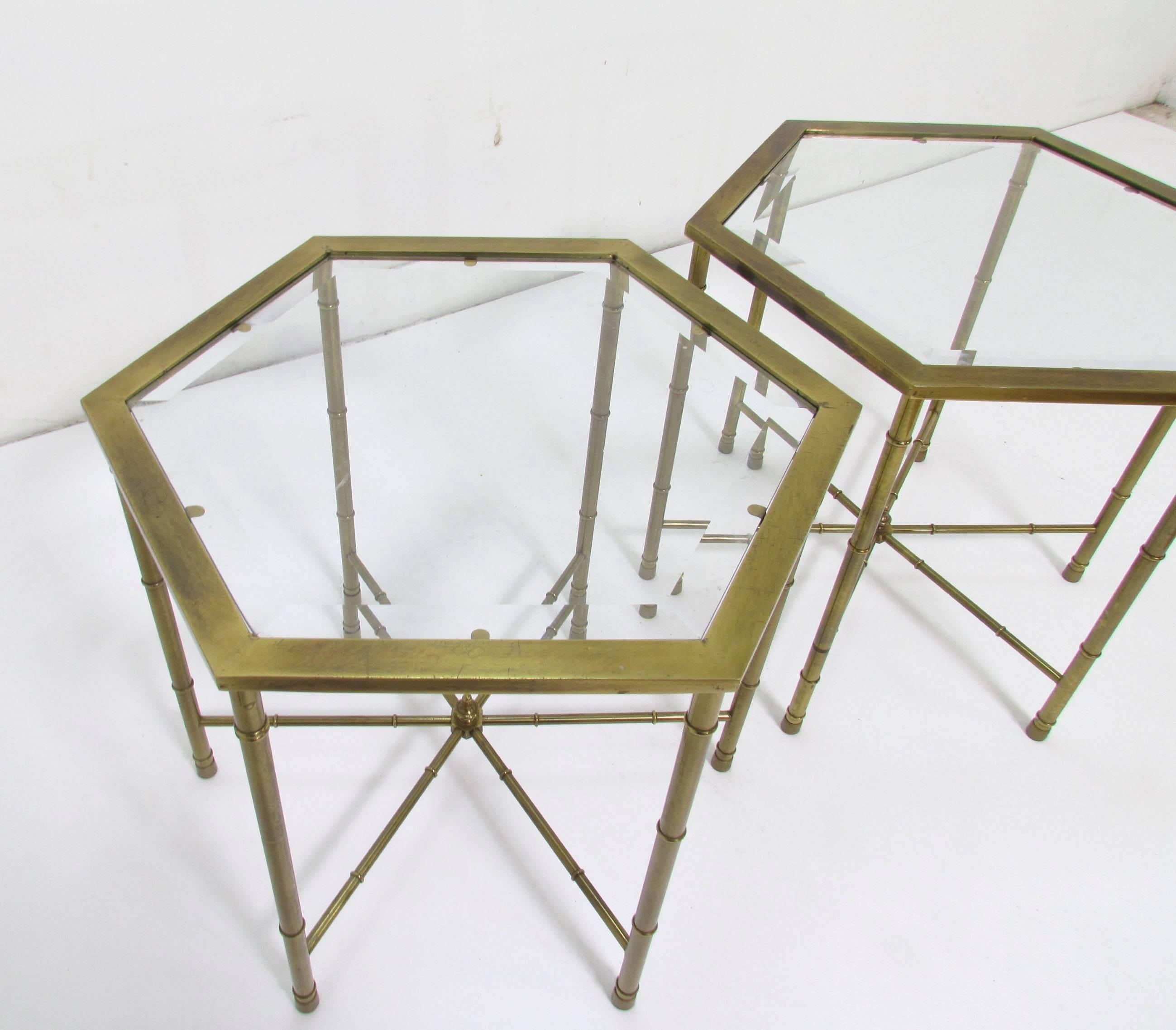 American Pair of Mastercraft Hollywood Regency Style Brass Hexagonal Side Tables