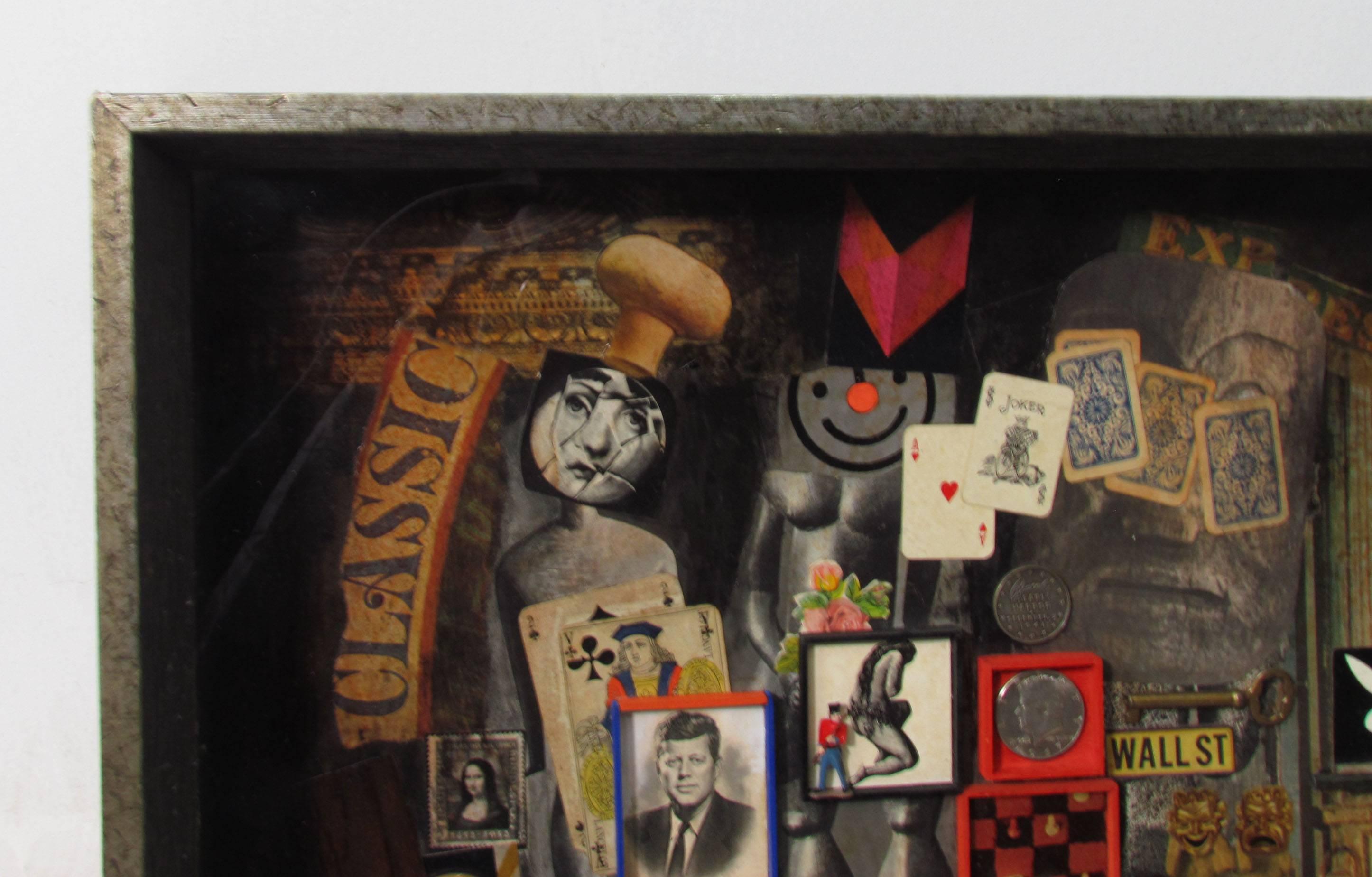 A fascinating shadow box construction artwork by Massachusetts artist Lee Ferrara, ca. 1960s.  Clearly influenced by the found object "box" dioramas of Joseph Cornell, this early work by Ferrara, a noted Boston area artist, offers an