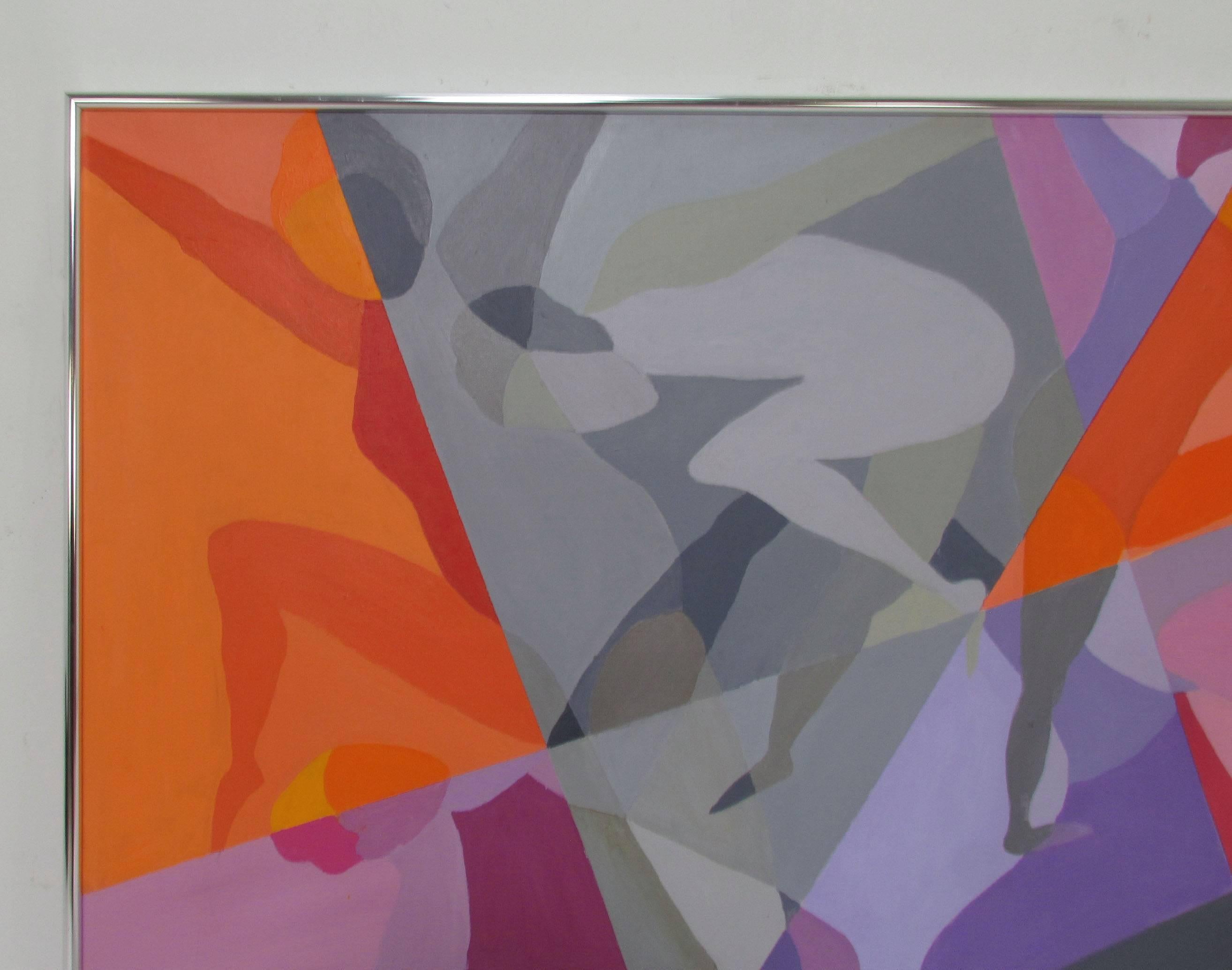 Large abstract painting featuring various female athletic figures, from gymnasts to swimmers, in geometric color blocked sections, signed B.T. Wohl, ca. 1970s.  In period chromed frame.