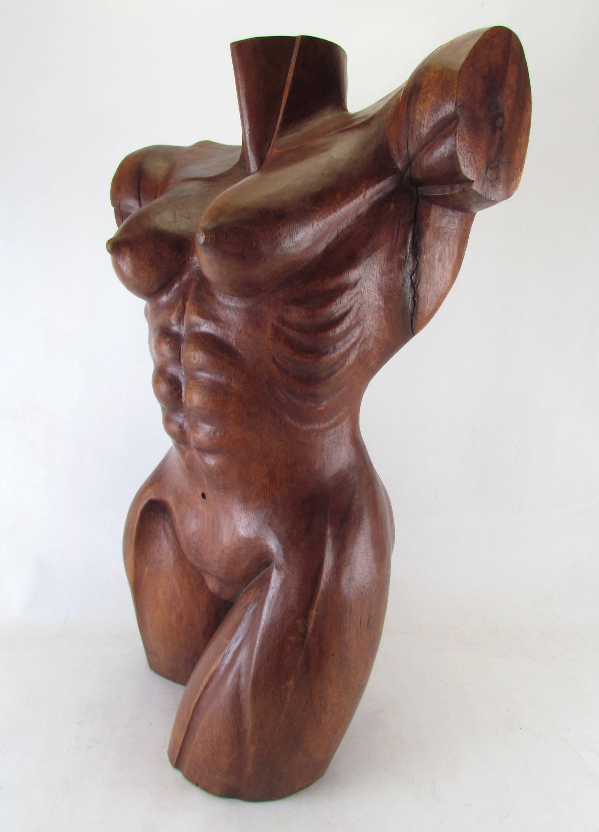 American Hand-Carved Wood Sculpture of a Toned Female Torso Signed Lydon, Dated 1982