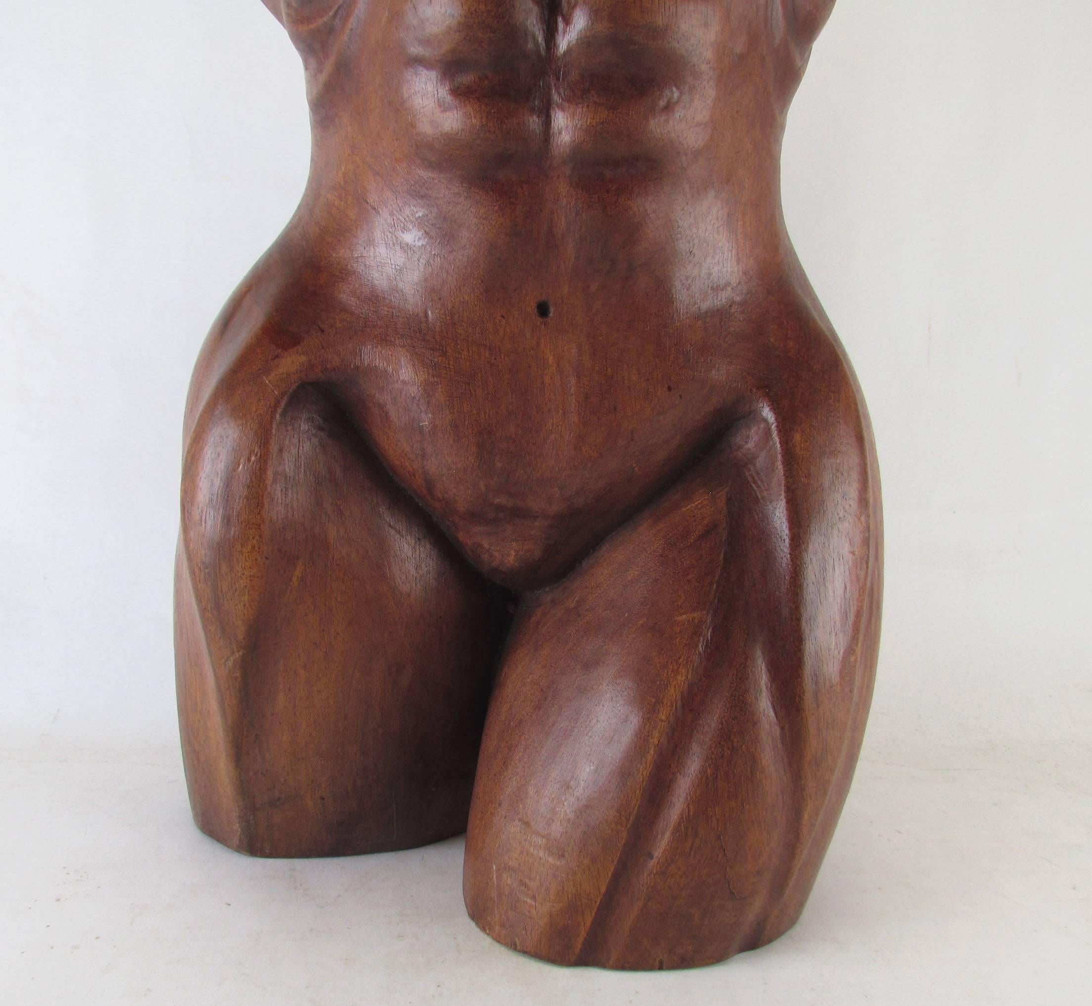 Mid-Century Modern Hand-Carved Wood Sculpture of a Toned Female Torso Signed Lydon, Dated 1982