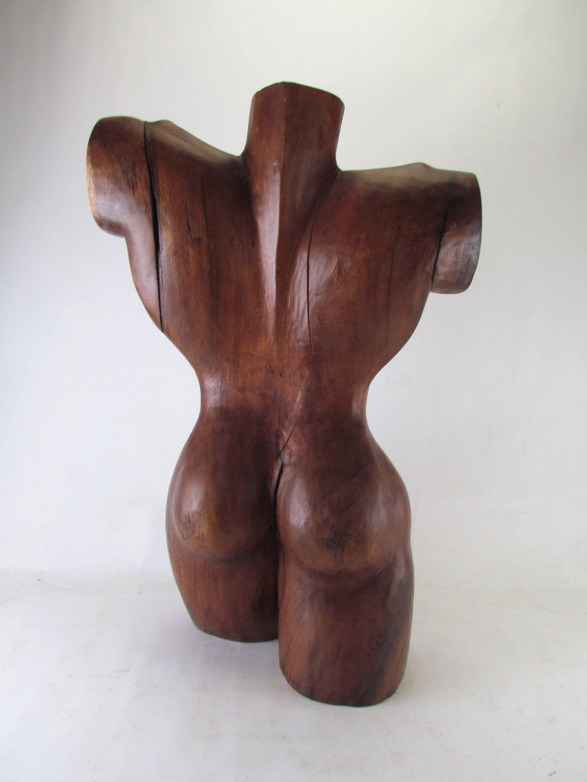 Hand-Carved Wood Sculpture of a Toned Female Torso Signed Lydon, Dated 1982 2