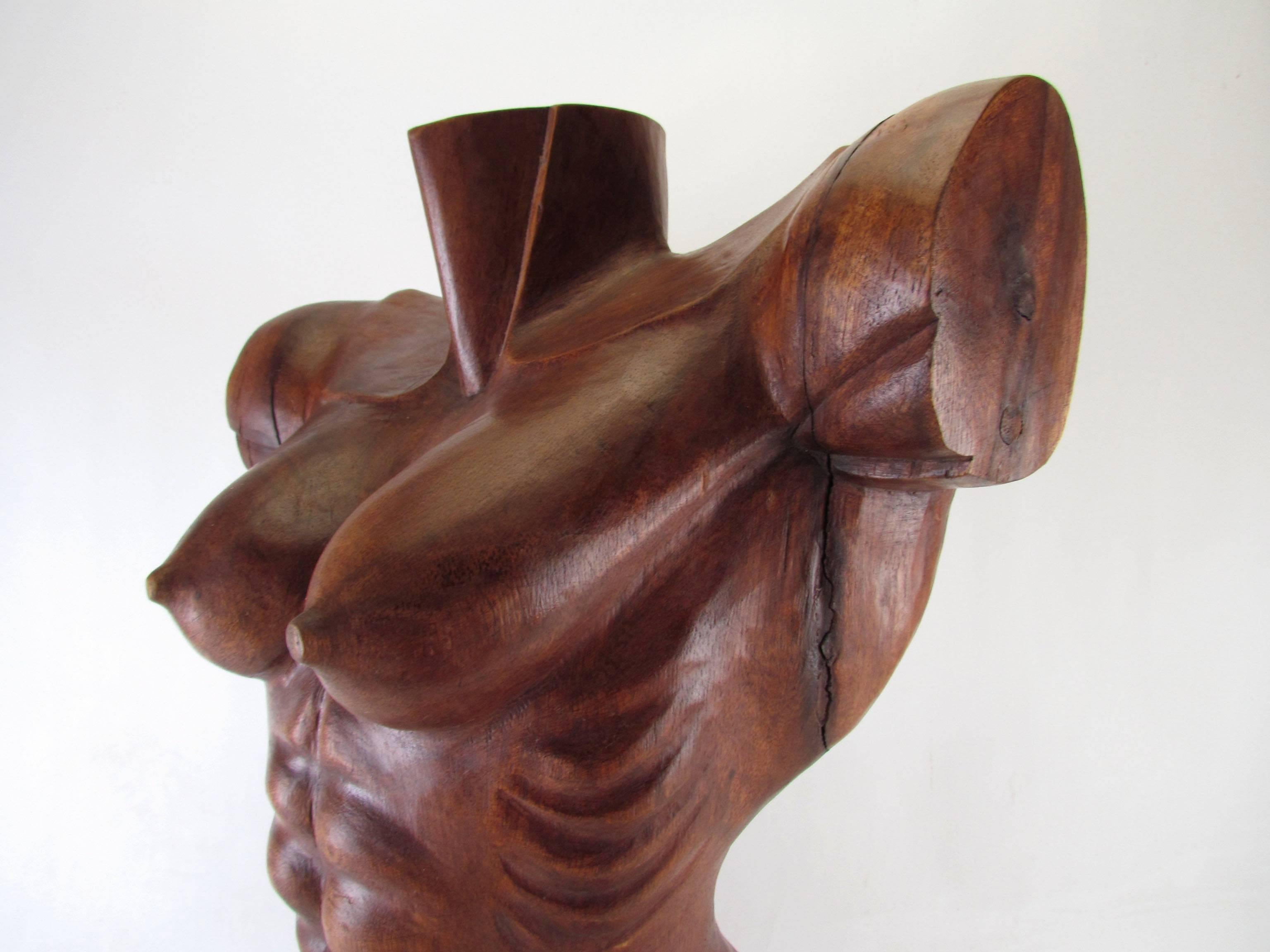 Hand-Carved Wood Sculpture of a Toned Female Torso Signed Lydon, Dated 1982 In Good Condition In Peabody, MA