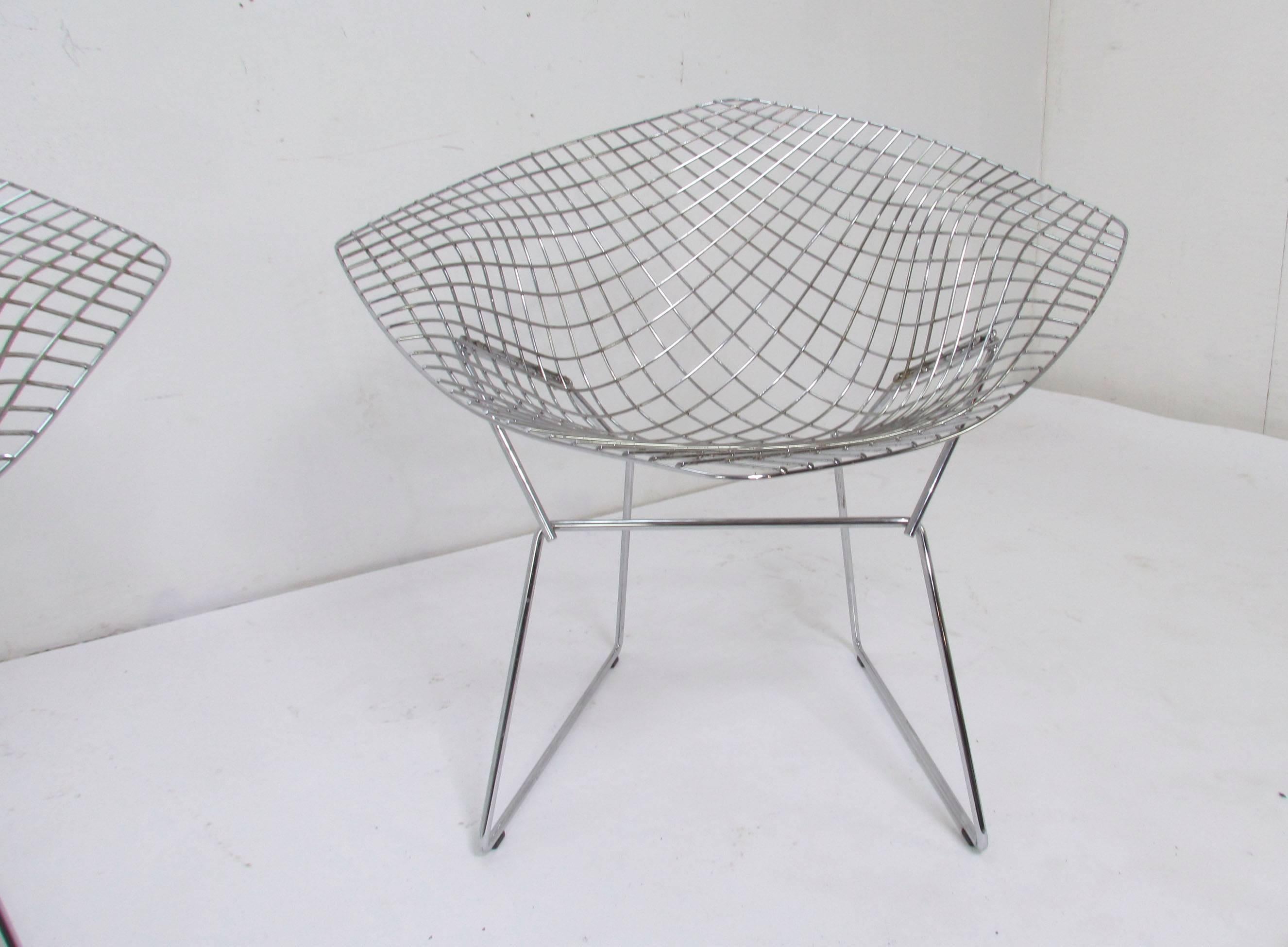 Mid-Century Modern Pair of Signed Knoll Bertoia Diamond Chairs in Stainless Steel