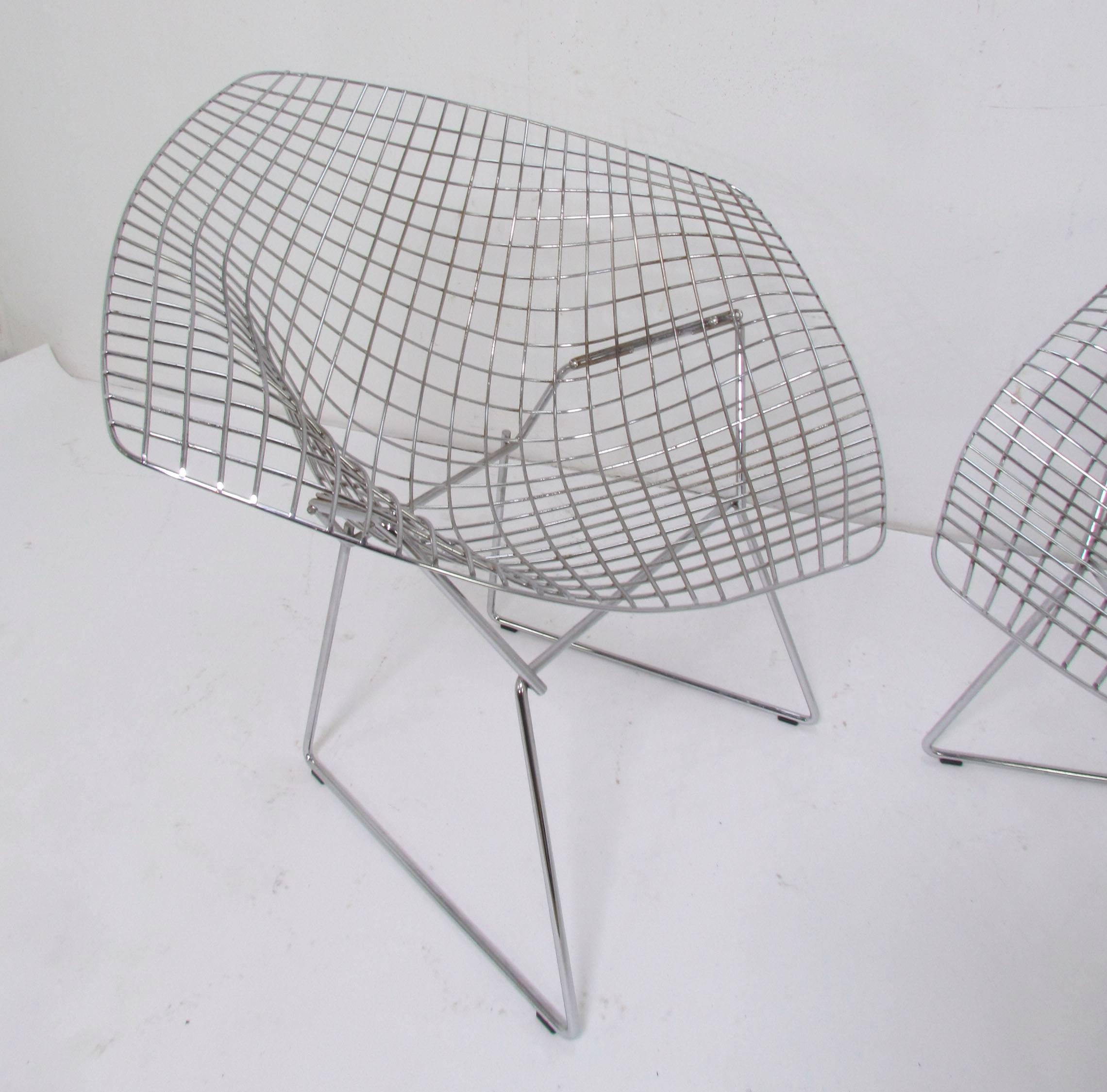 American Pair of Signed Knoll Bertoia Diamond Chairs in Stainless Steel