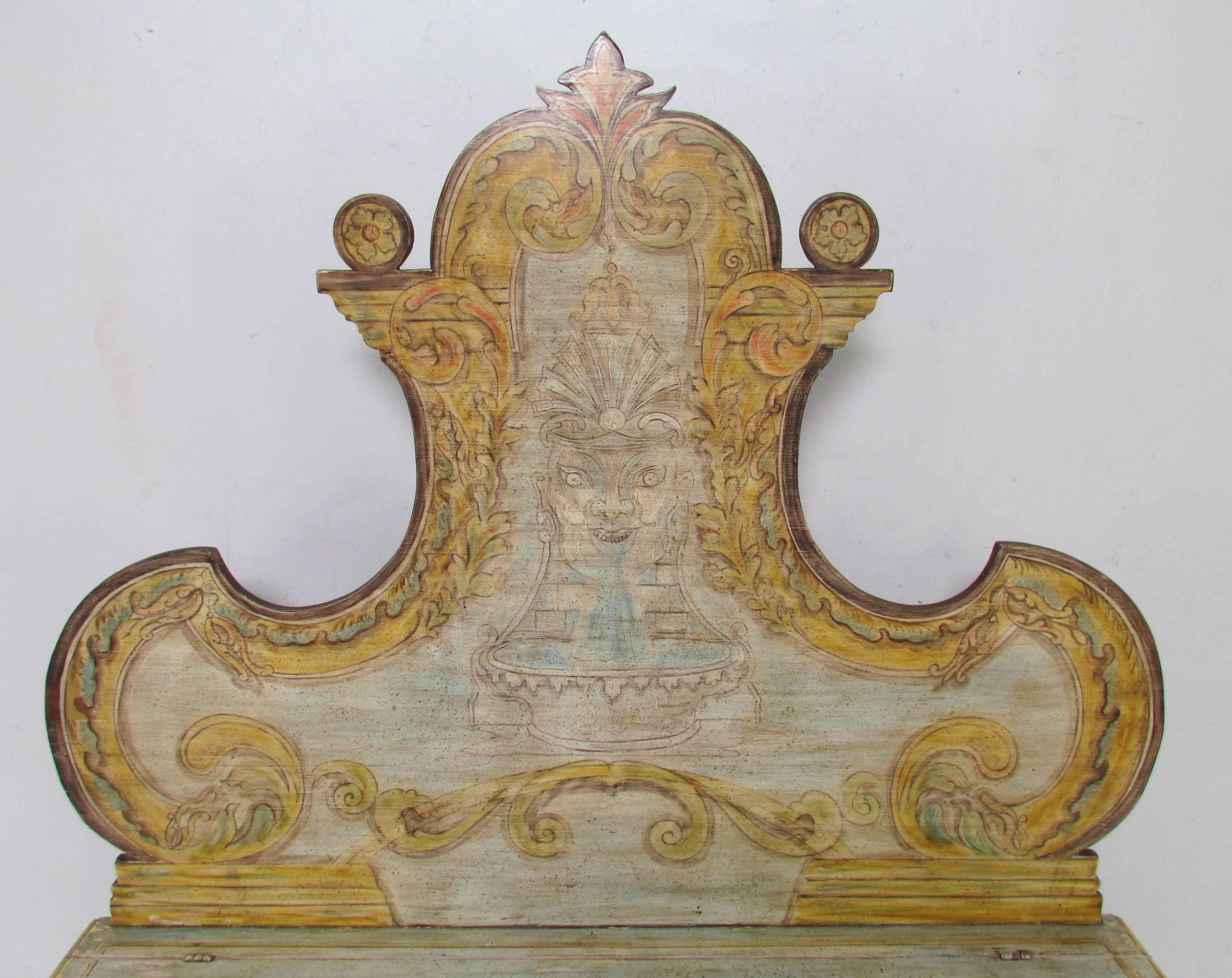 Hand-painted cassapanca hall seat bench with trunk storage. This stunning replica of a Baroque era fresco painted bench dates to the mid-20th century but has acquired a wonderful patina and light distressing of a timeless antique.