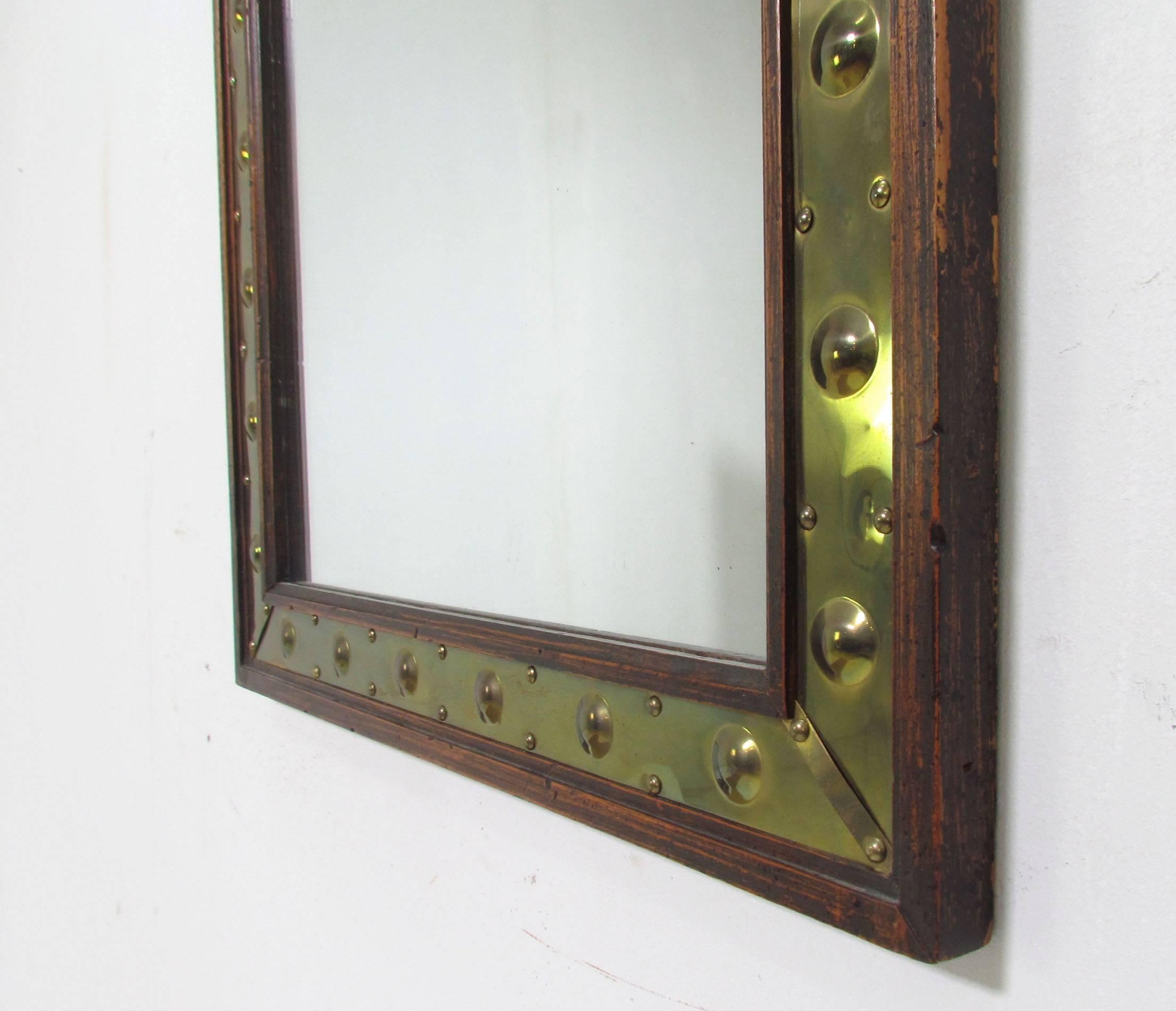 Italian Sarreid Wall Mirror in Brass Repoussé and Wood, Made in Italy
