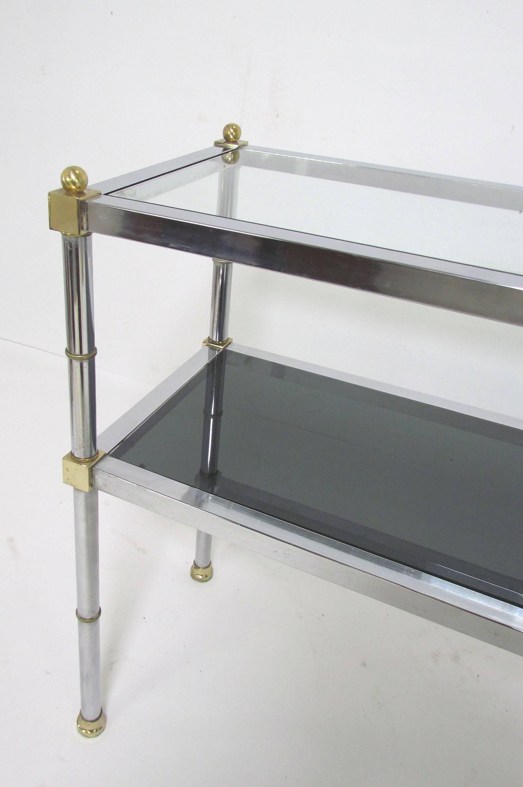 American Sofa Console Table in Chrome, Brass and Glass in the Manner of Maison Jansen