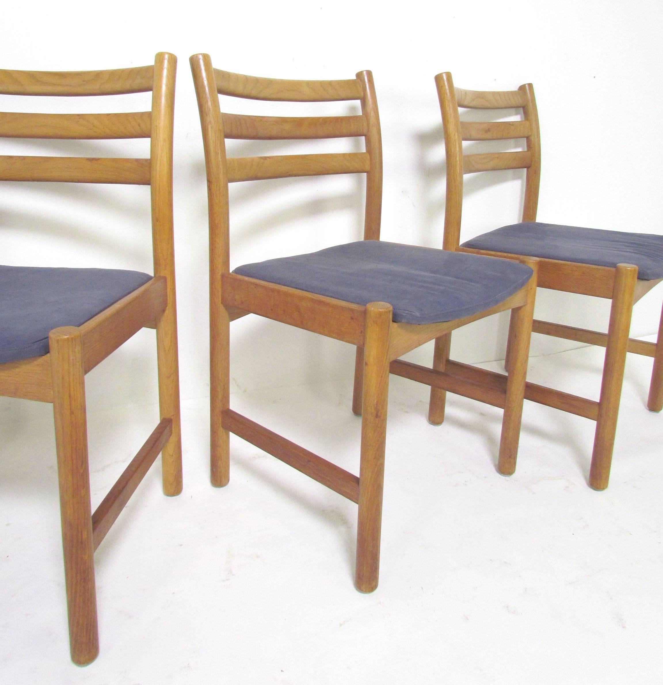 Set of eight ladder back Danish dining chairs in washed oak designed by Poul Volther for Soro Stolefabrik, circa mid-1960s.