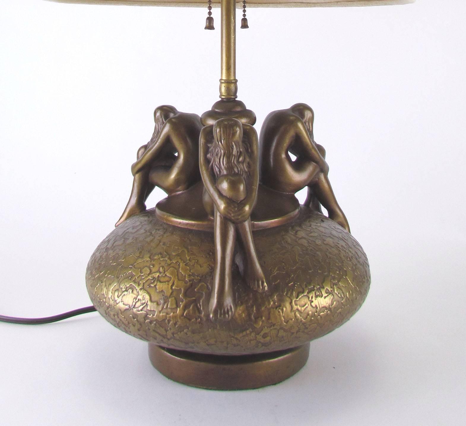 Pair of American art nouveau table lamps in bronze by the Armor Bronze Co., ca. 1920s.  Graceful figures encircle the ovoid base.

21.5