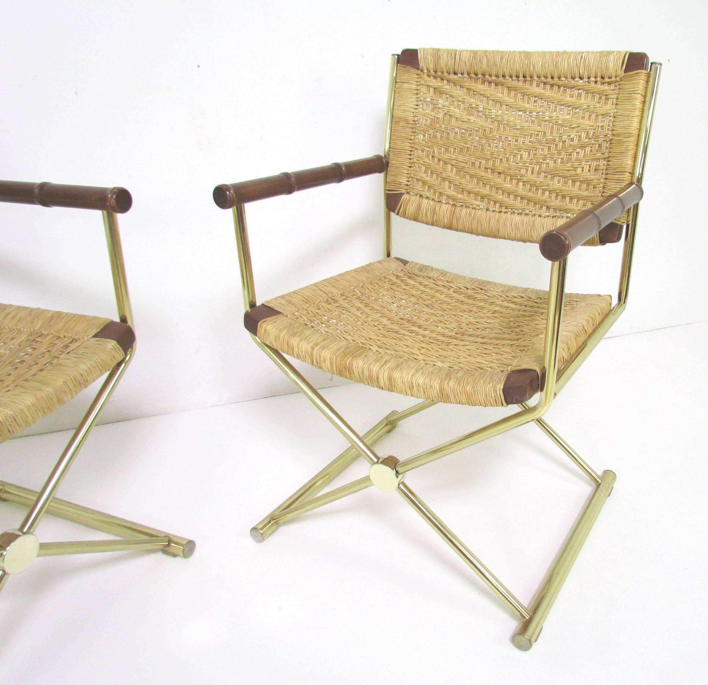 Mid-Century Modern Set of Four Brass X-Form Director Style Armchairs