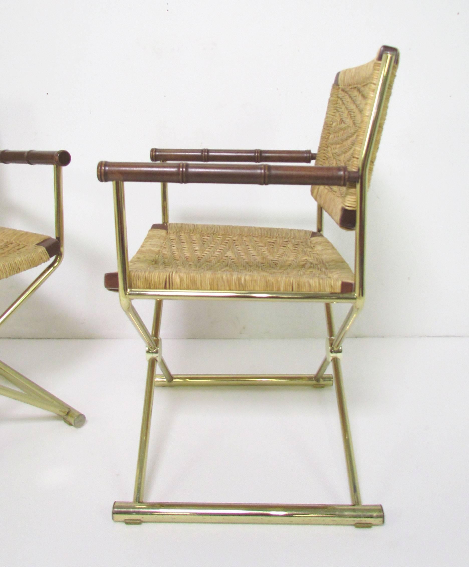 Plated Set of Four Brass X-Form Director Style Armchairs