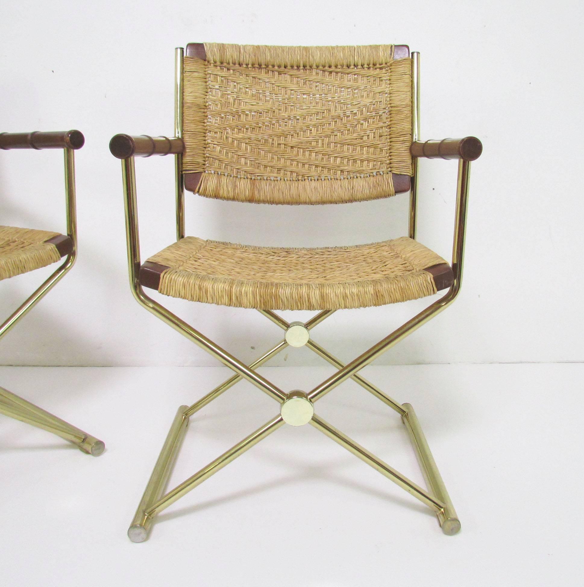 American Set of Four Brass X-Form Director Style Armchairs