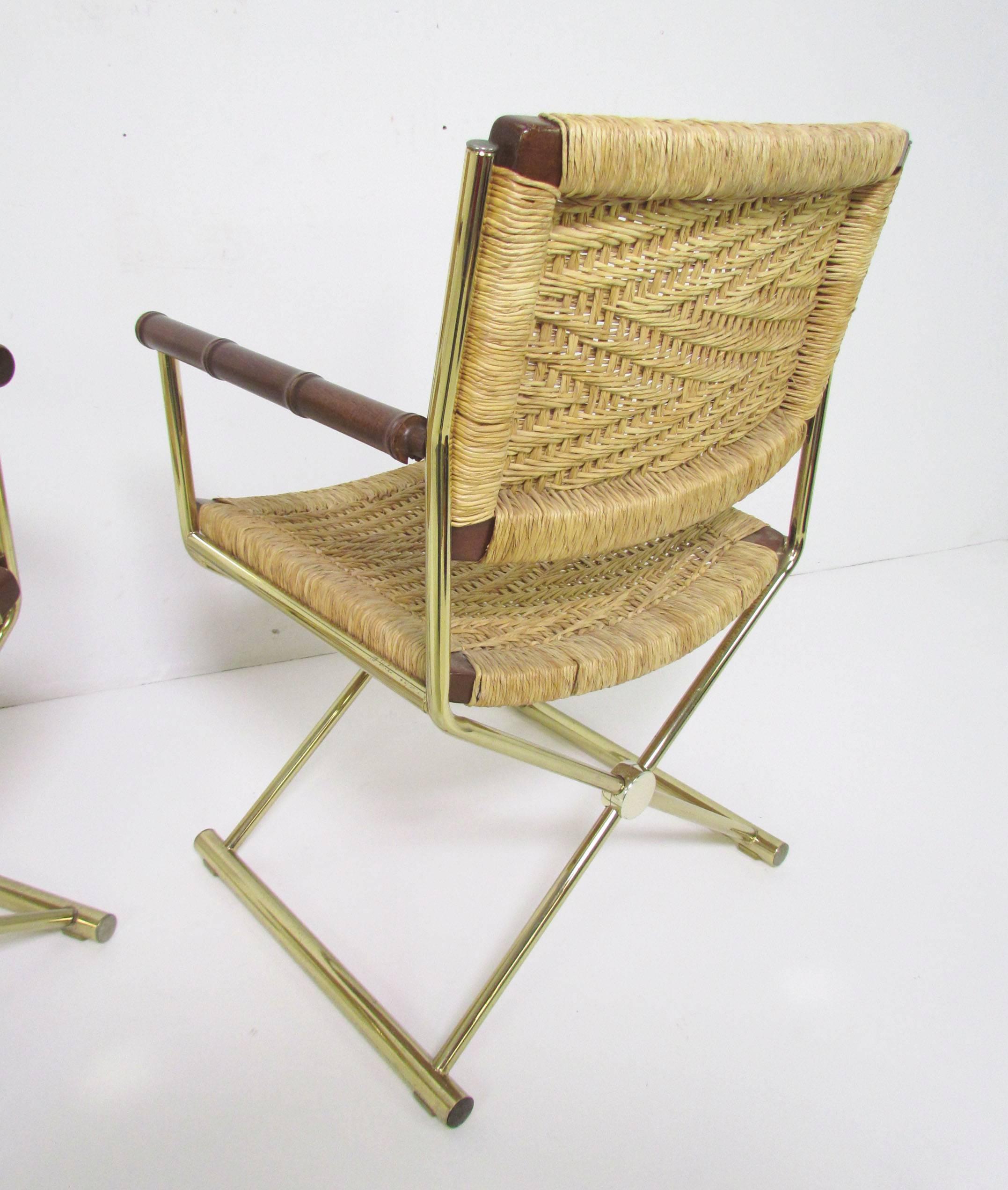 Set of Four Brass X-Form Director Style Armchairs In Good Condition In Peabody, MA