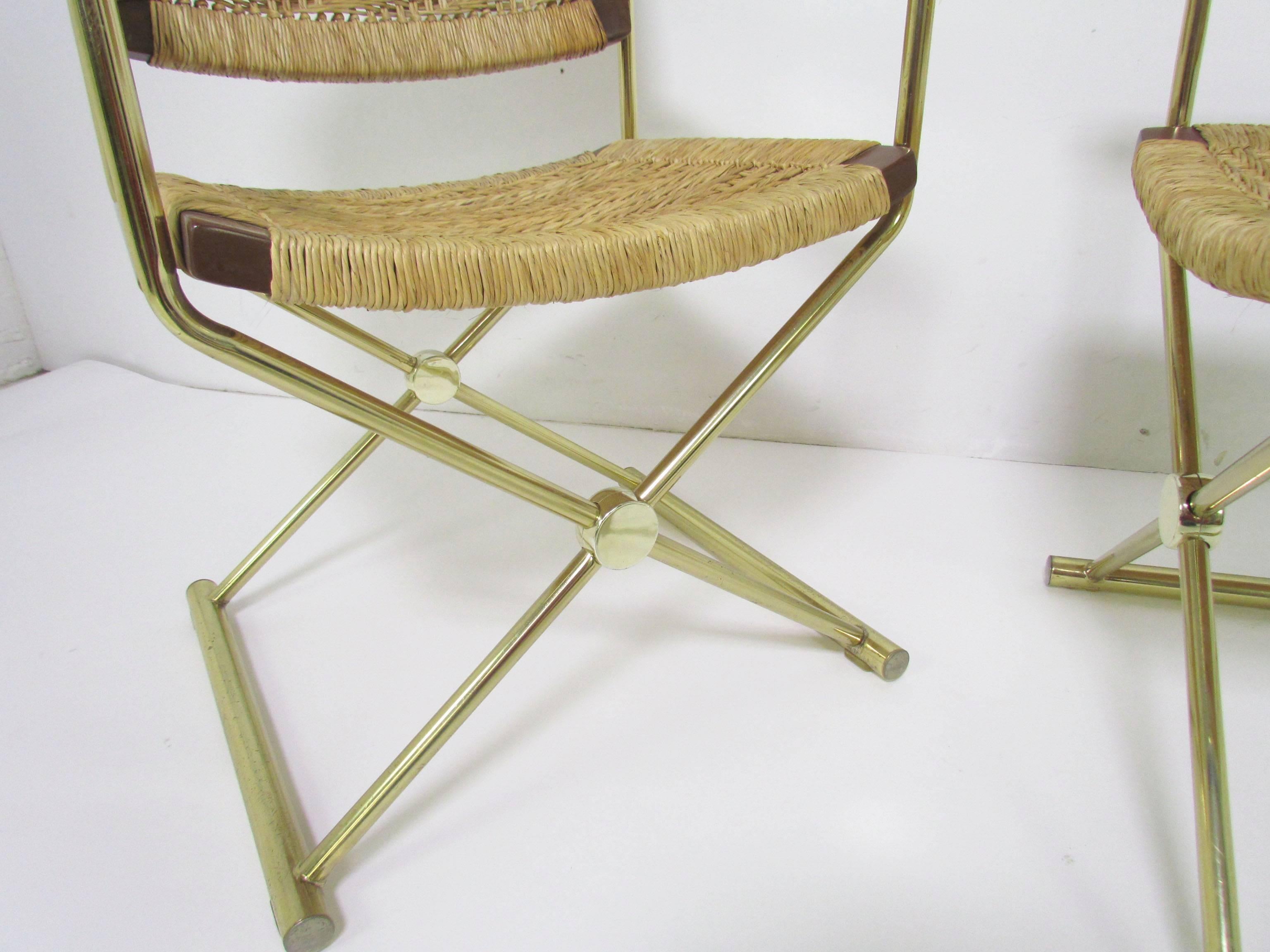 Late 20th Century Set of Four Brass X-Form Director Style Armchairs