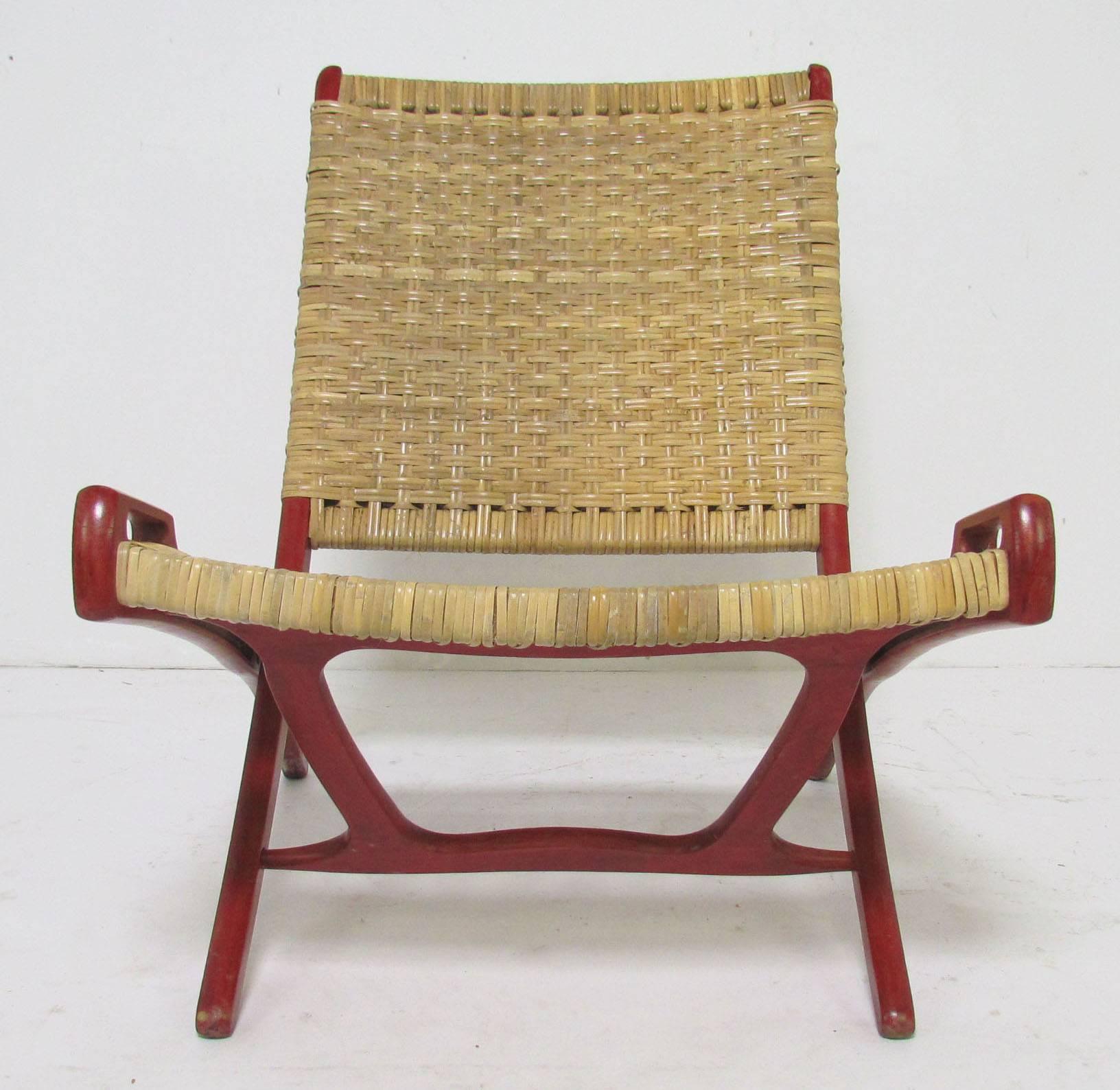 Unknown Pair of Mid-Century Cane Folding Safari Chairs in the Manner of Hans Wegner