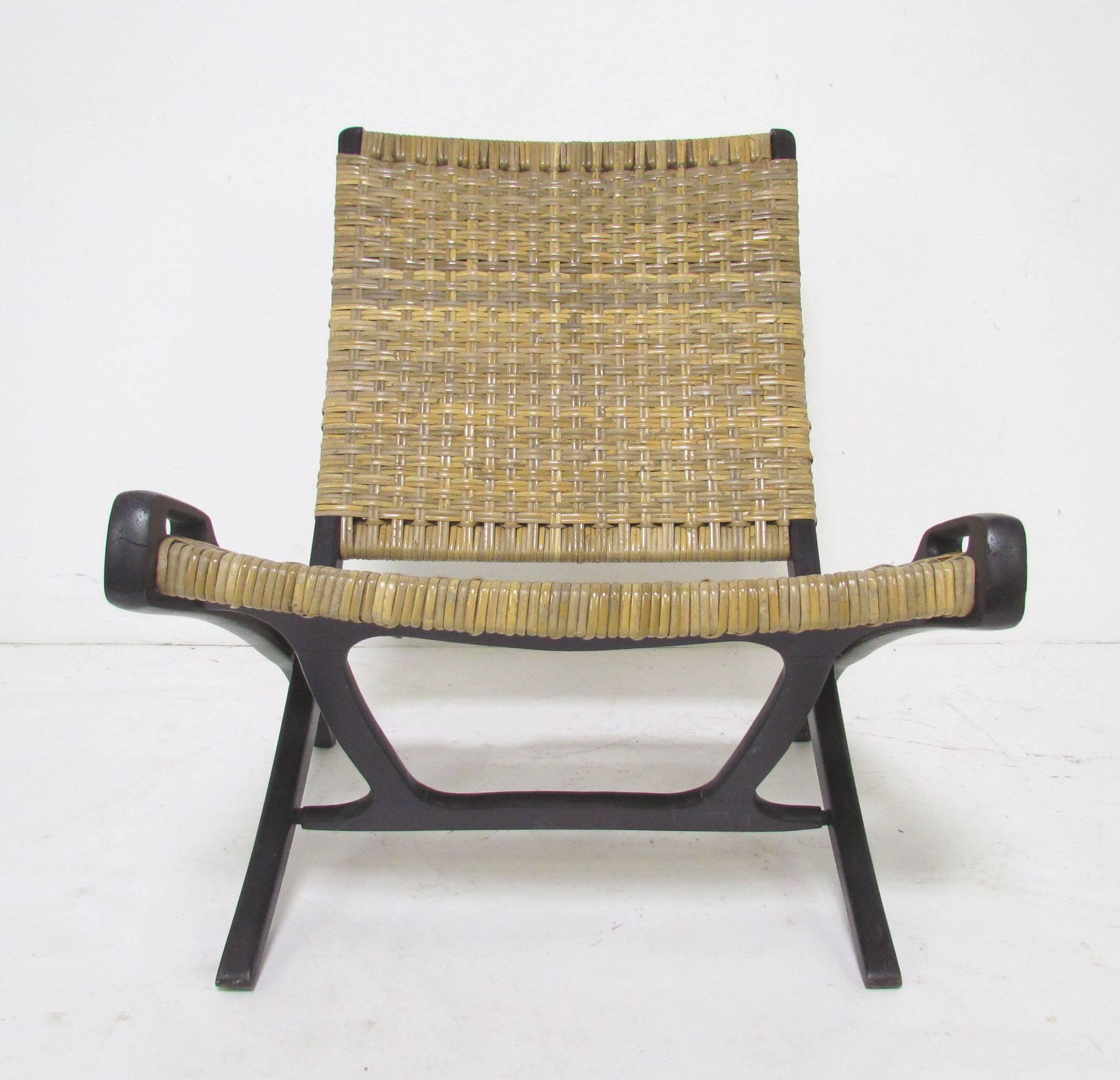 Stained Pair of Mid-Century Cane Folding Safari Chairs in the Manner of Hans Wegner