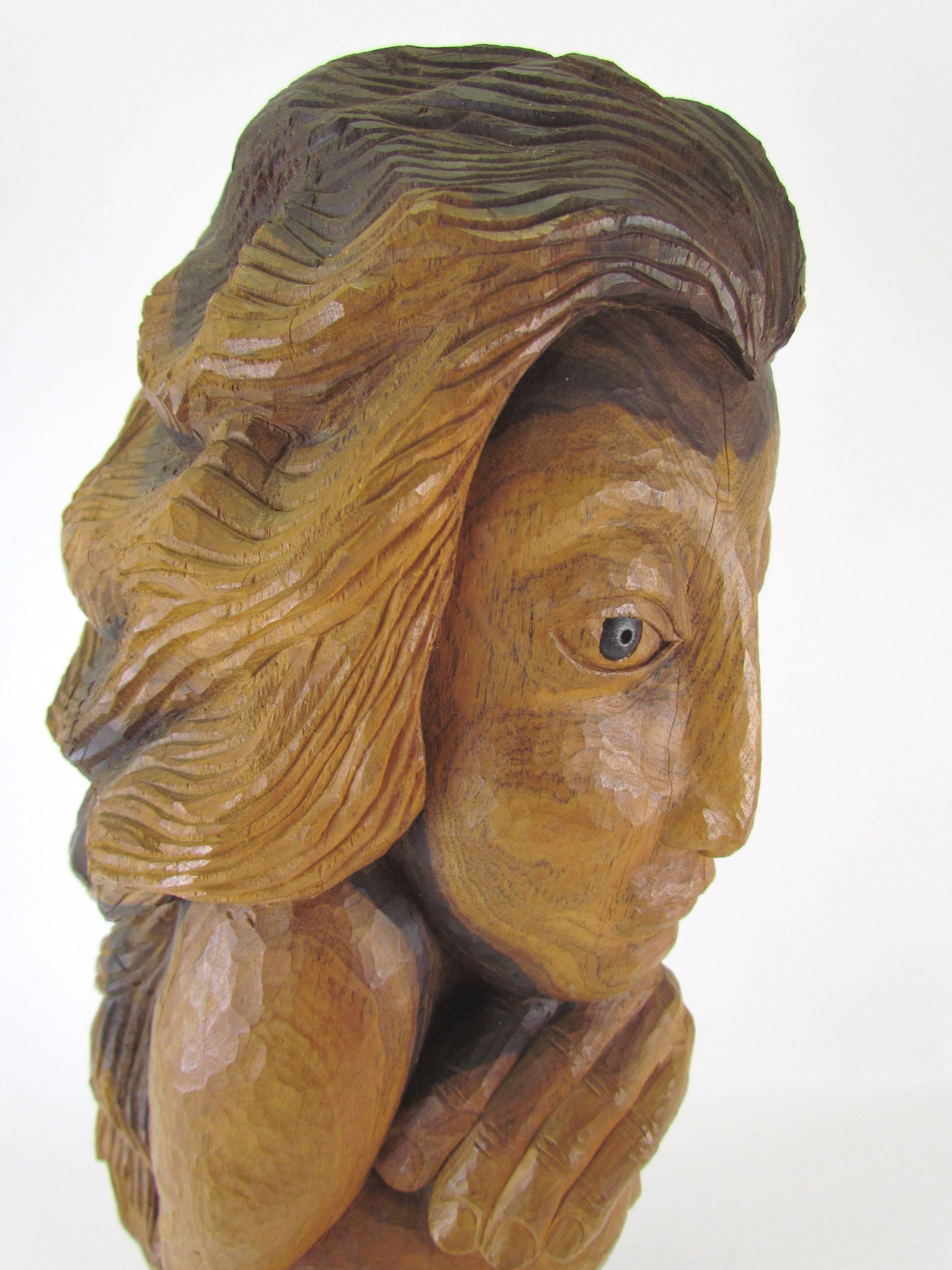 American Carved Wood Mid-Century Sculpture Titled “Miss Num” by Diane Derrick For Sale