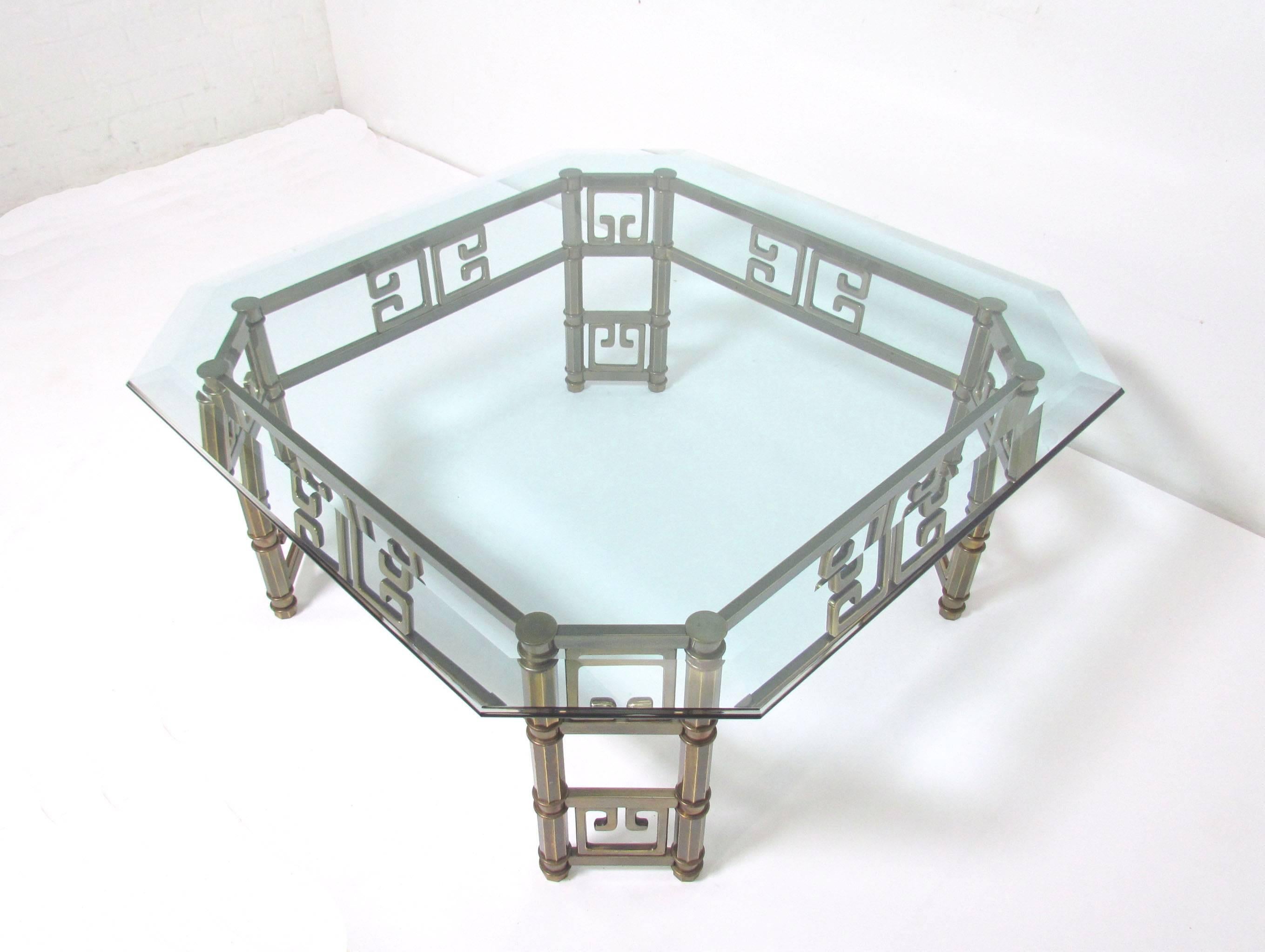 Hollywood Regency Mastercraft Coffee Table in Brass with Greek Key Motif and Octagonal Glass Top