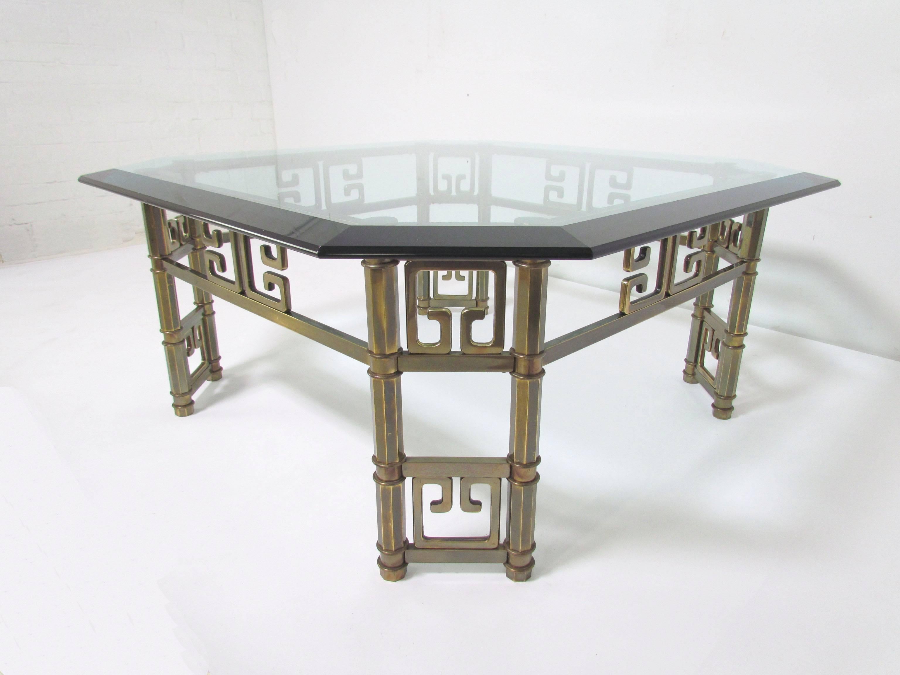 American Mastercraft Coffee Table in Brass with Greek Key Motif and Octagonal Glass Top