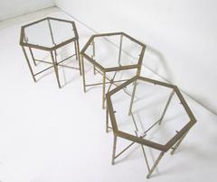 Set of Three Hollywood Regency Style Brass Hexagonal Side Tables by Mastercraft