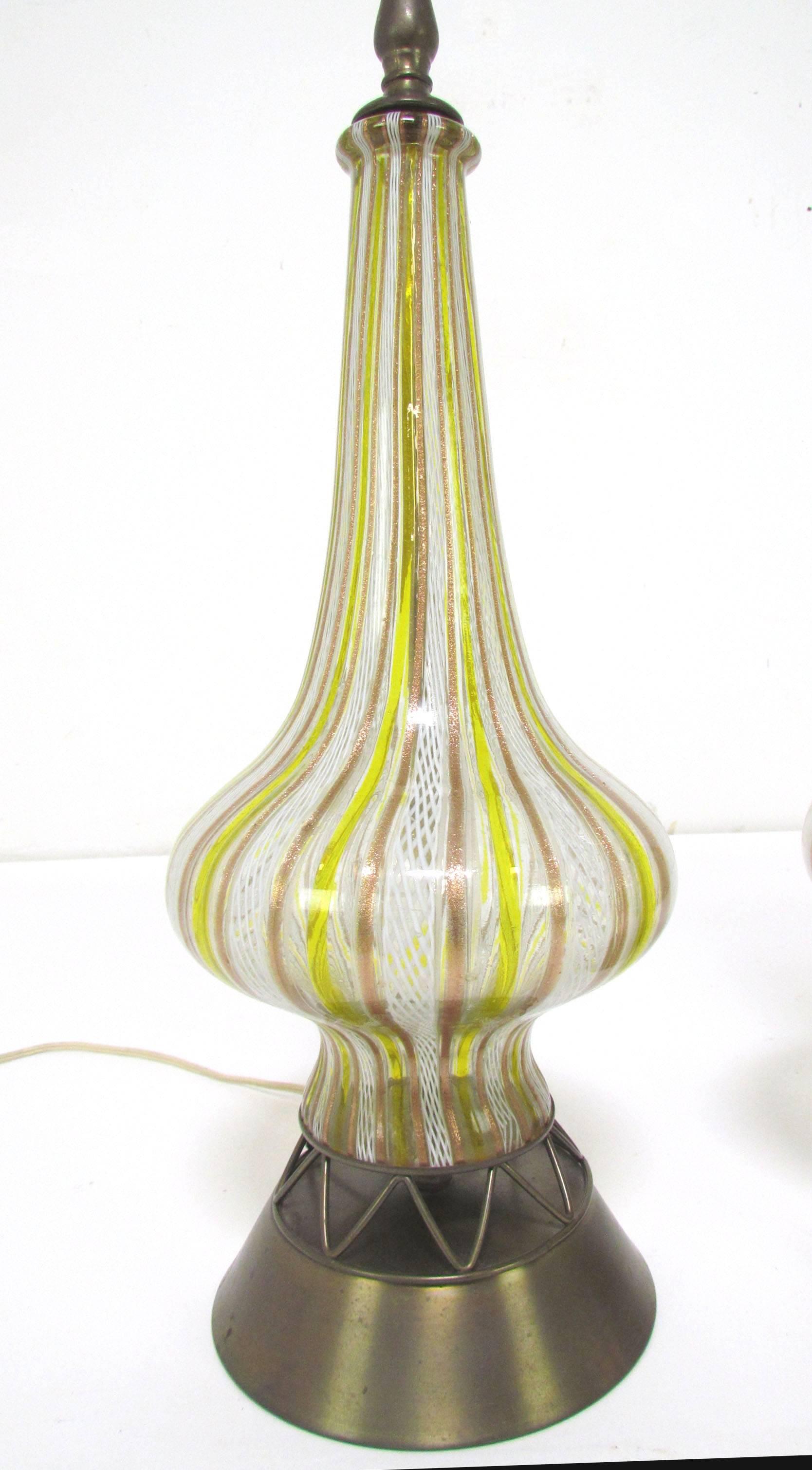 Mid-Century Modern Pair of Murano Glass Zanfirico Bottle Form Table Lamps, circa 1950s