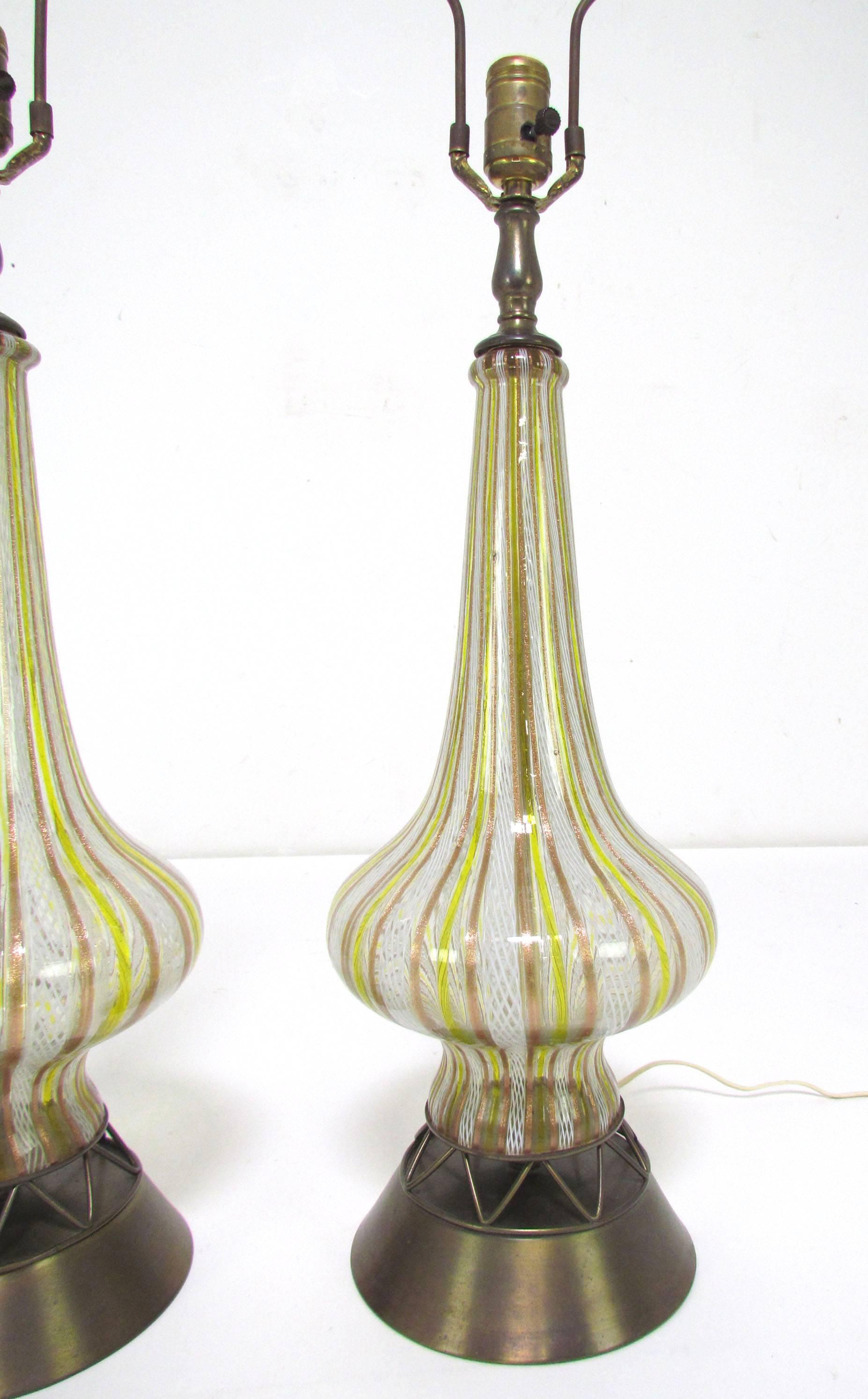 Italian Pair of Murano Glass Zanfirico Bottle Form Table Lamps, circa 1950s