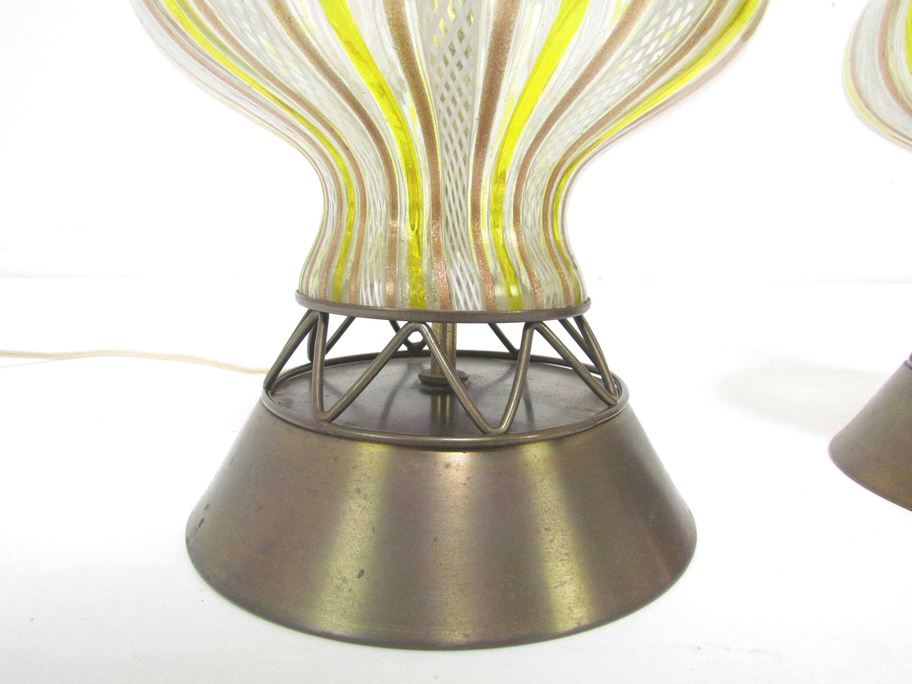 Pair of Murano Glass Zanfirico Bottle Form Table Lamps, circa 1950s 1