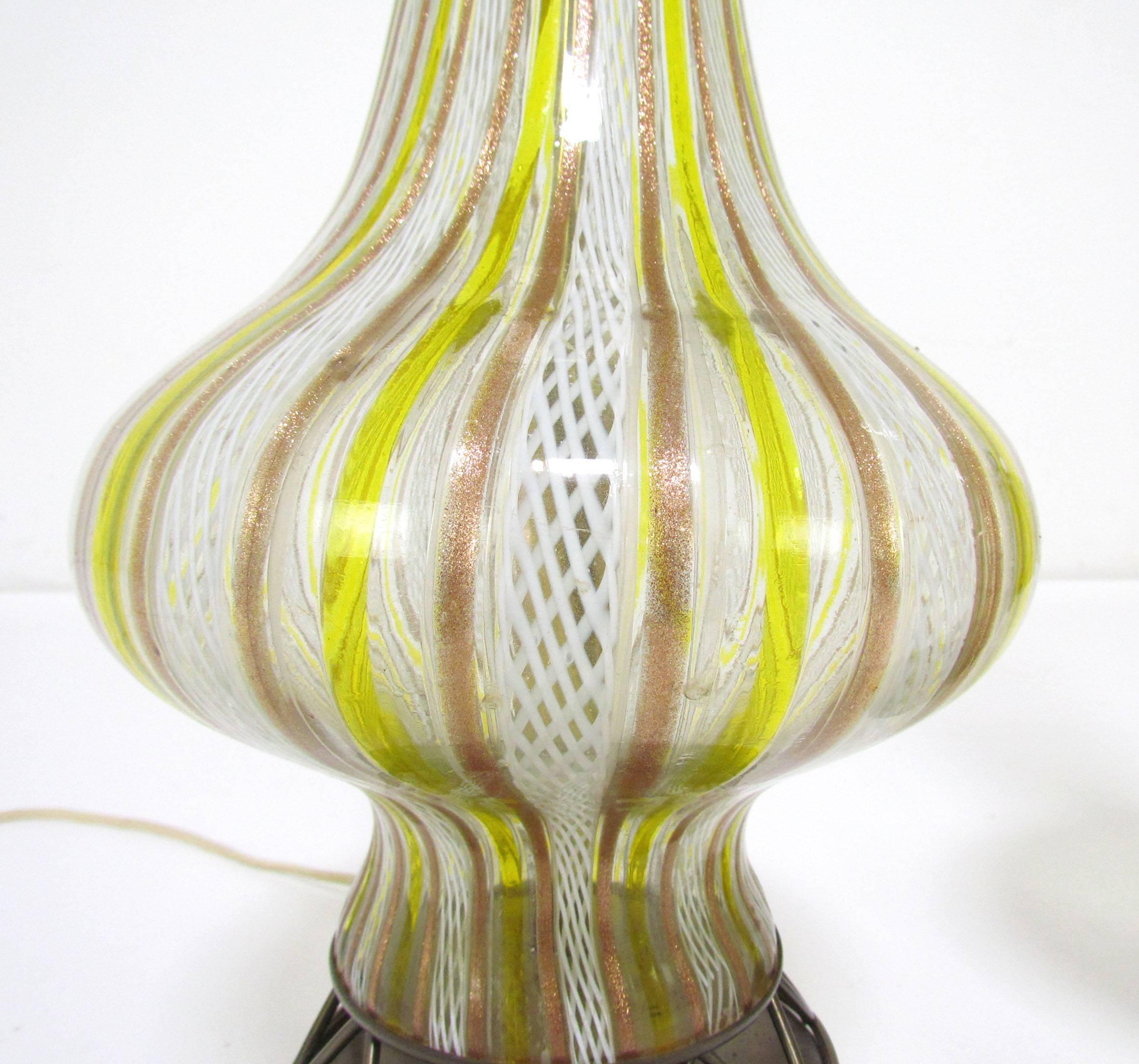 Pair of Murano Glass Zanfirico Bottle Form Table Lamps, circa 1950s In Excellent Condition In Peabody, MA