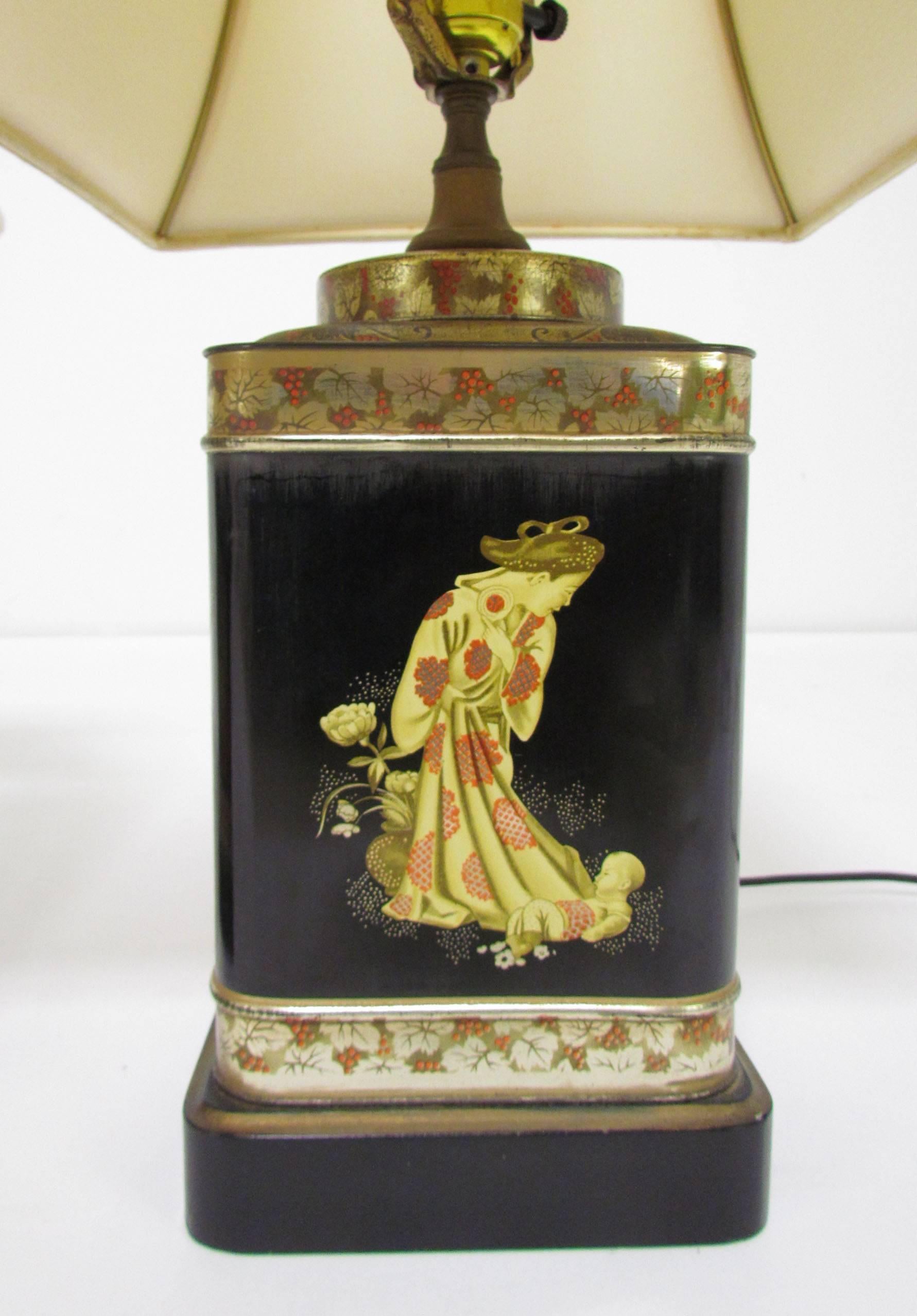 Hollywood Regency Pair of Lacquered Tea Canister Table Lamps by Frederick Cooper