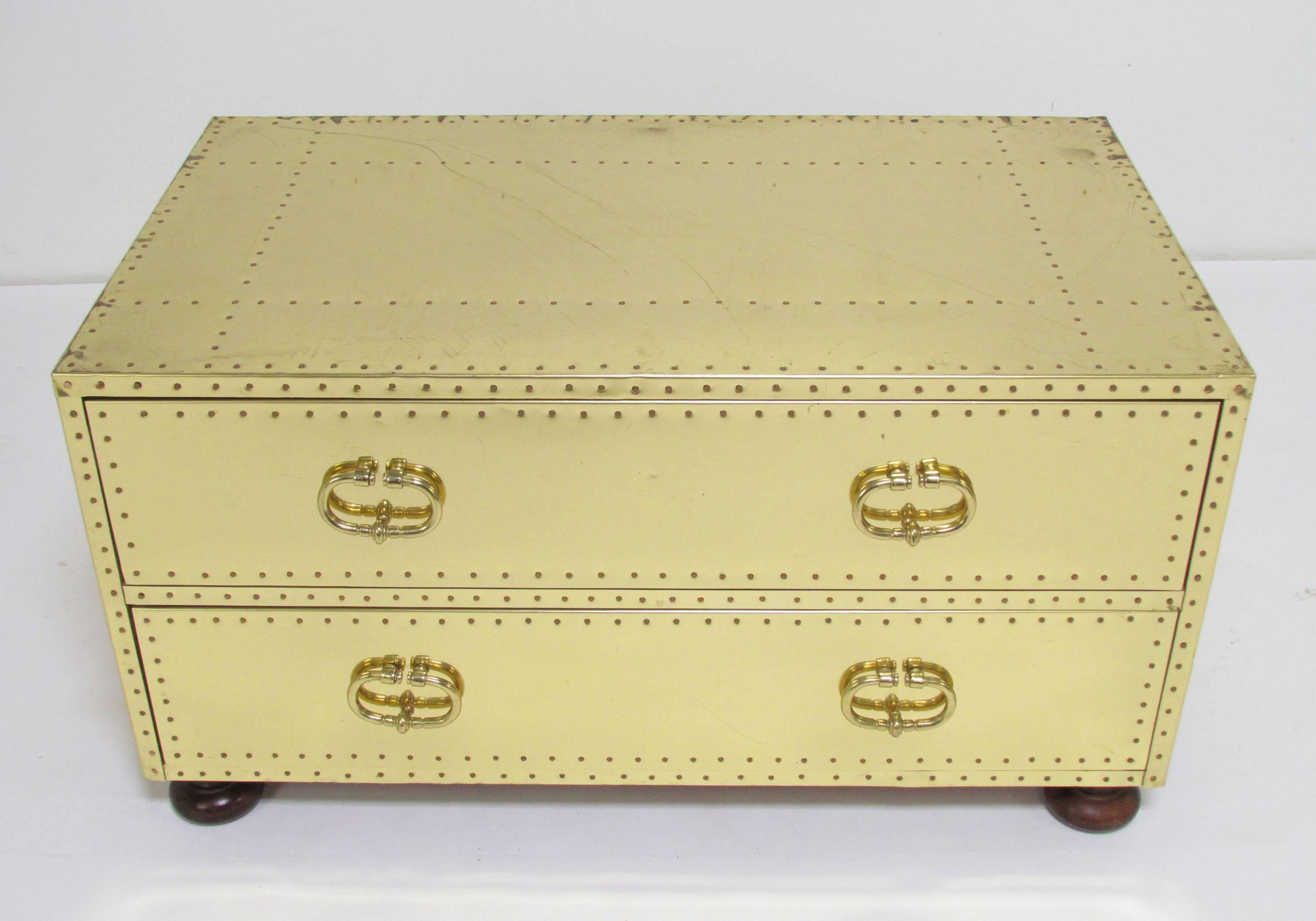 Brass clad cocktail table in form of a chest with two drawers by Sarreid Spain, circa 1970s.
