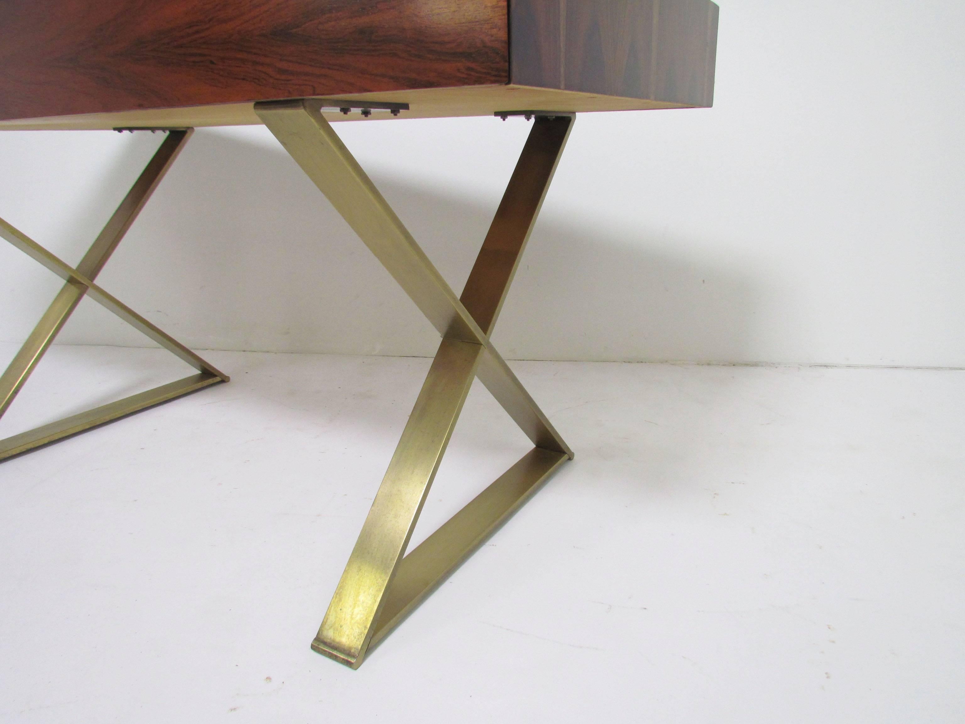 Bronzed Rare X-Base Campaign Desk in Rosewood by Milo Baughman